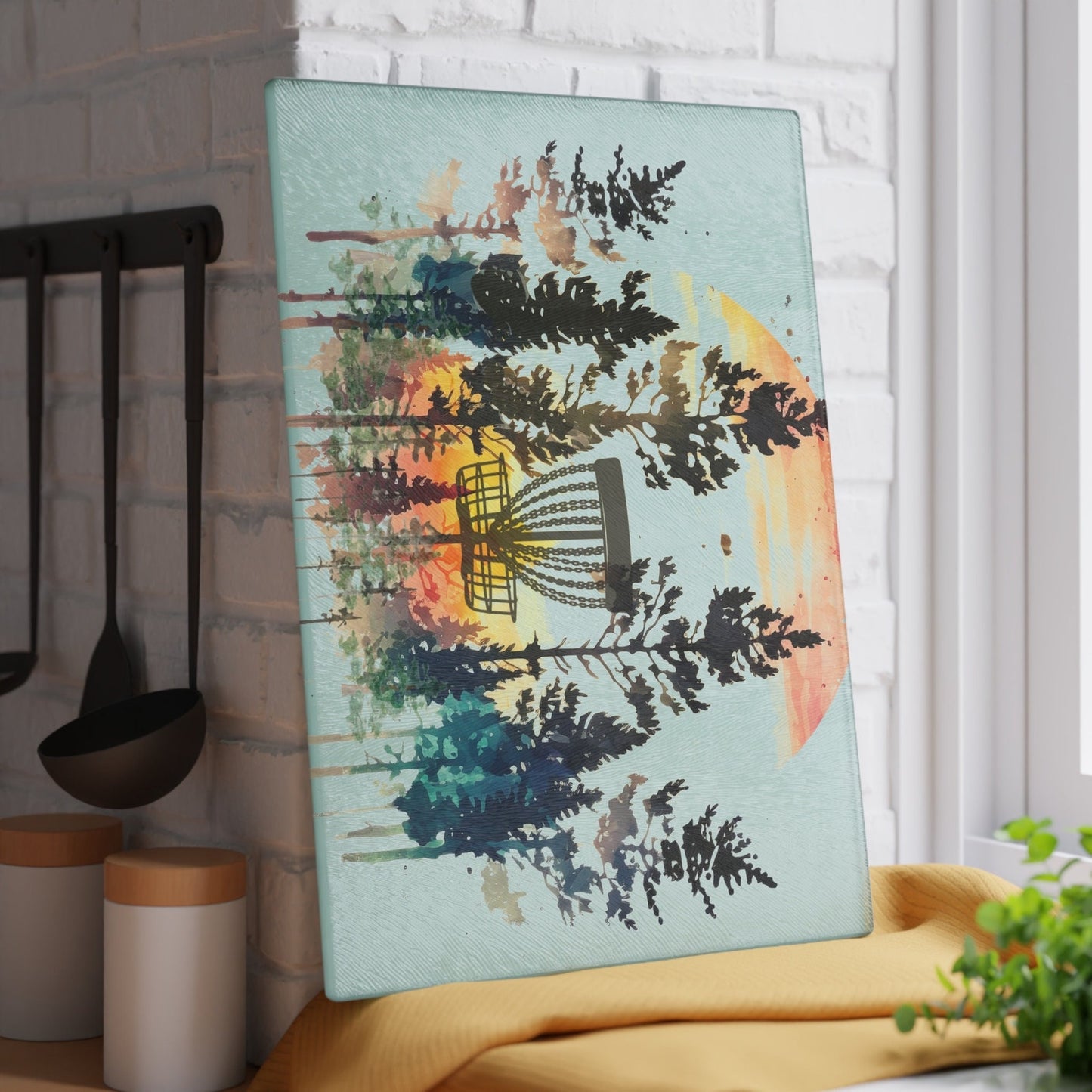 Disc Golf Forest Sunset Glass Cutting Board Discgolf Discgolfer Gift