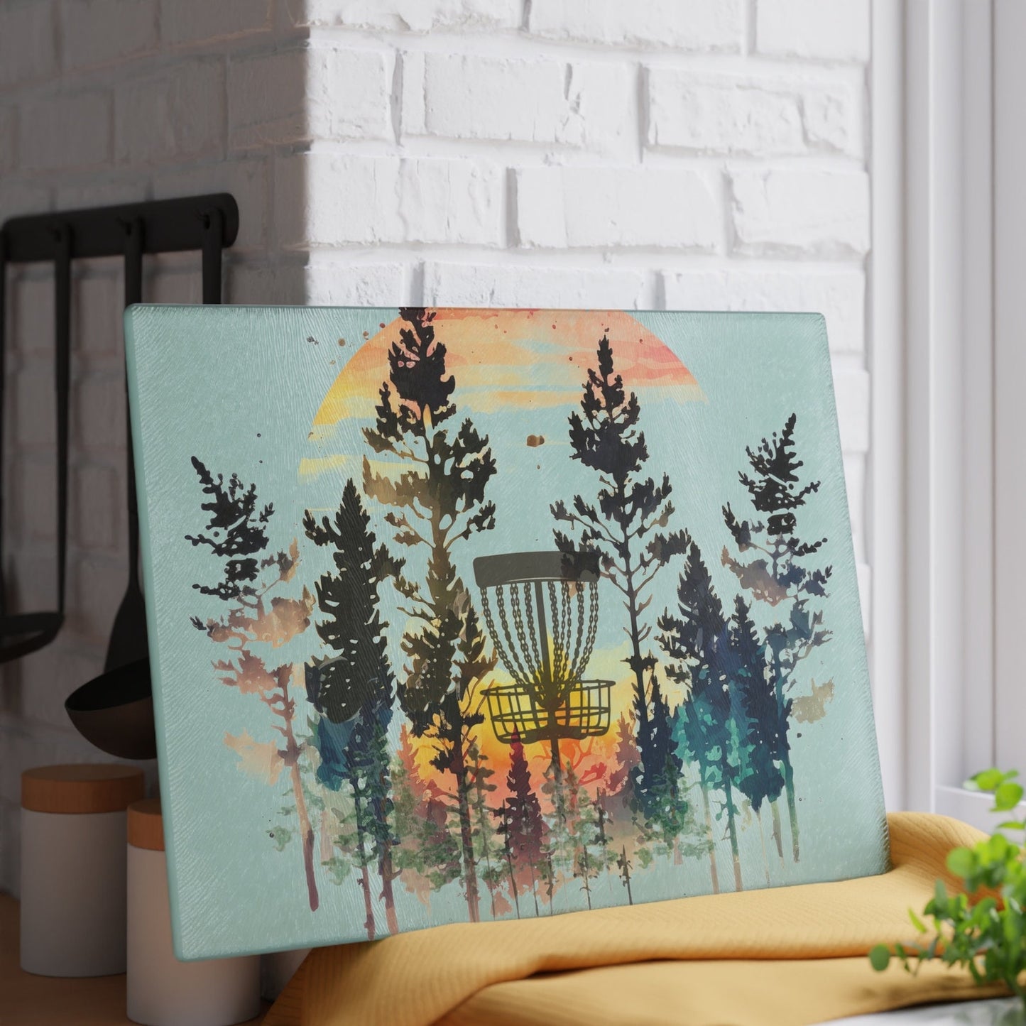 Disc Golf Forest Sunset Glass Cutting Board Discgolf Discgolfer Gift