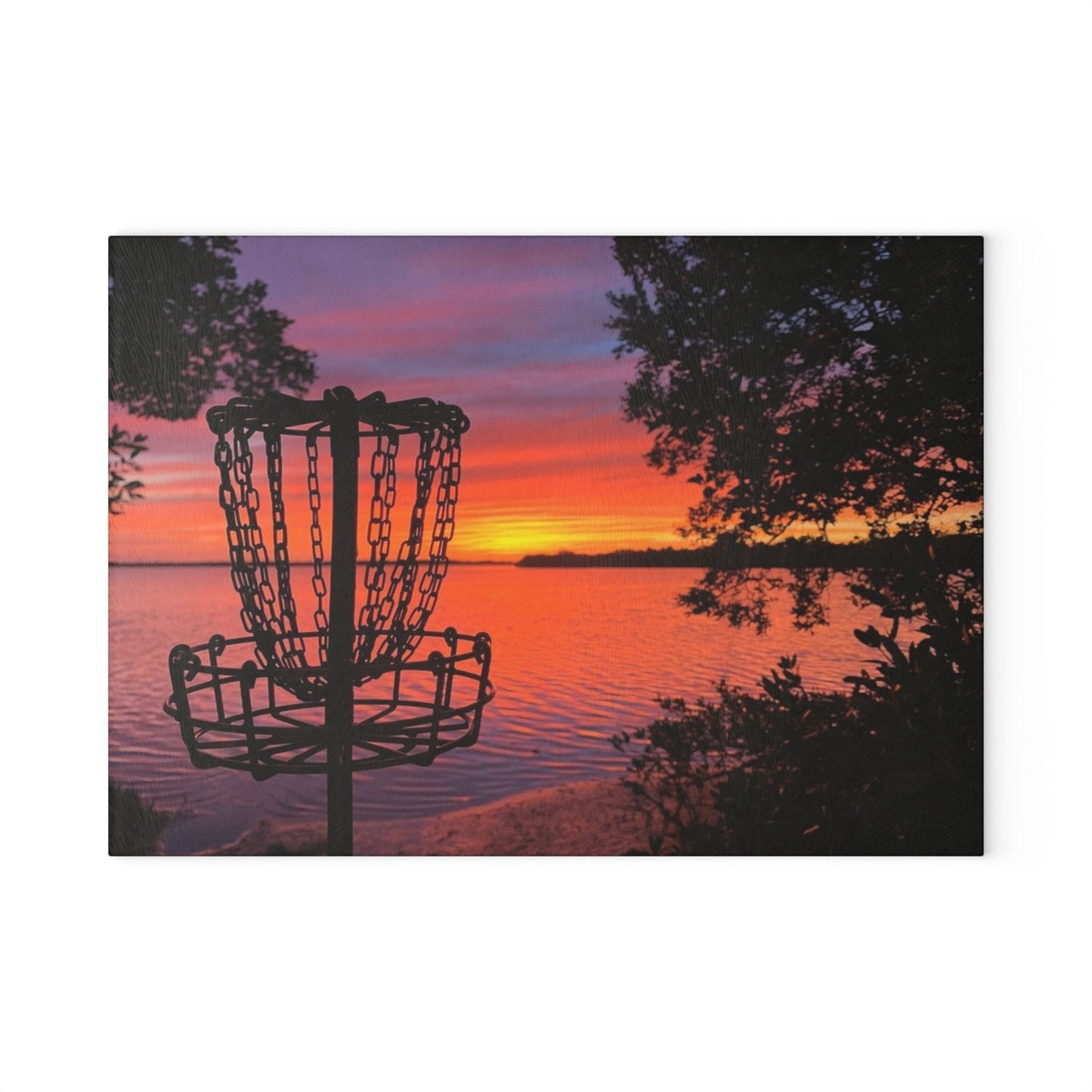 Disc Golf Lake Sunset Glass Cutting Board Discgolf Discgolfer Gift