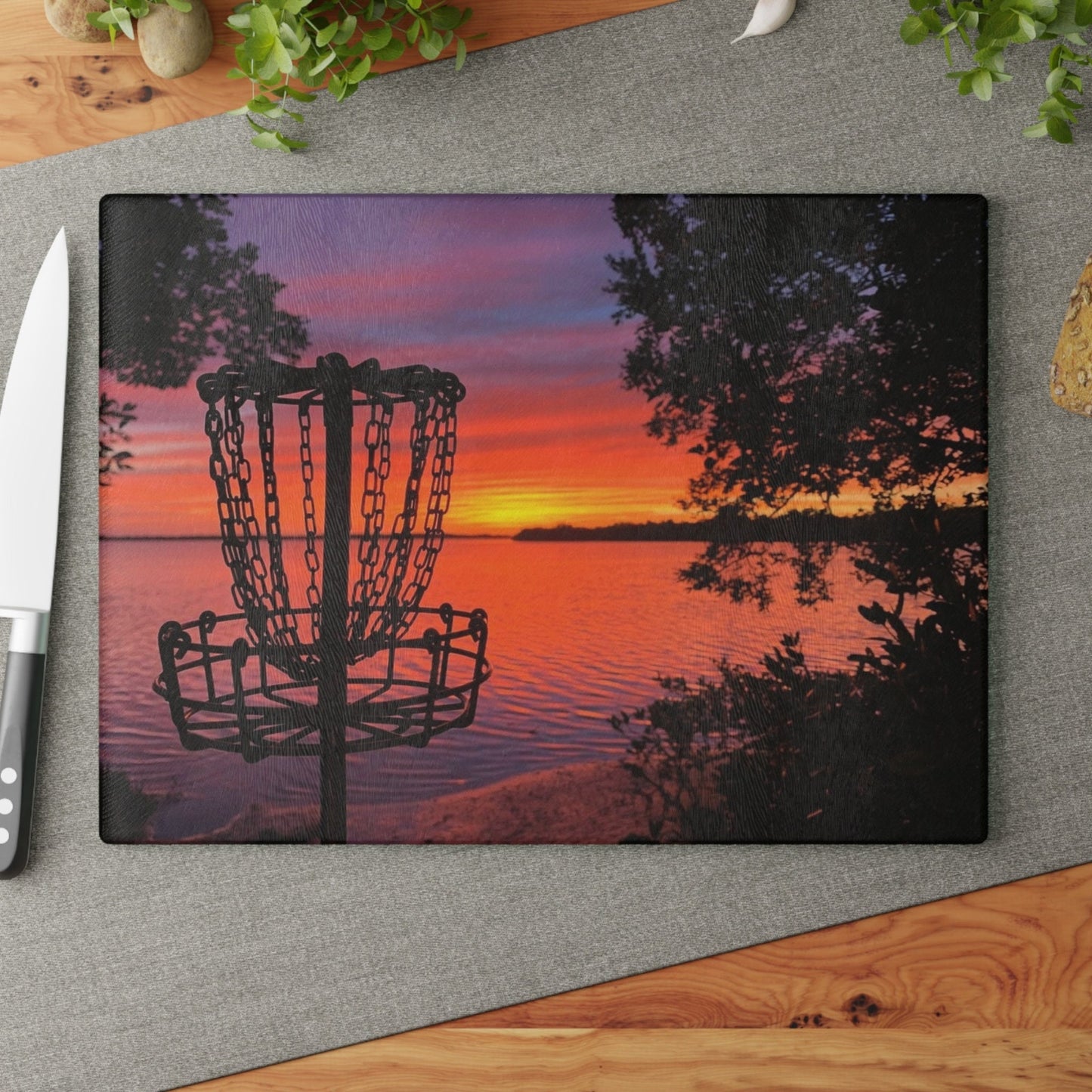 Disc Golf Lake Sunset Glass Cutting Board Discgolf Discgolfer Gift