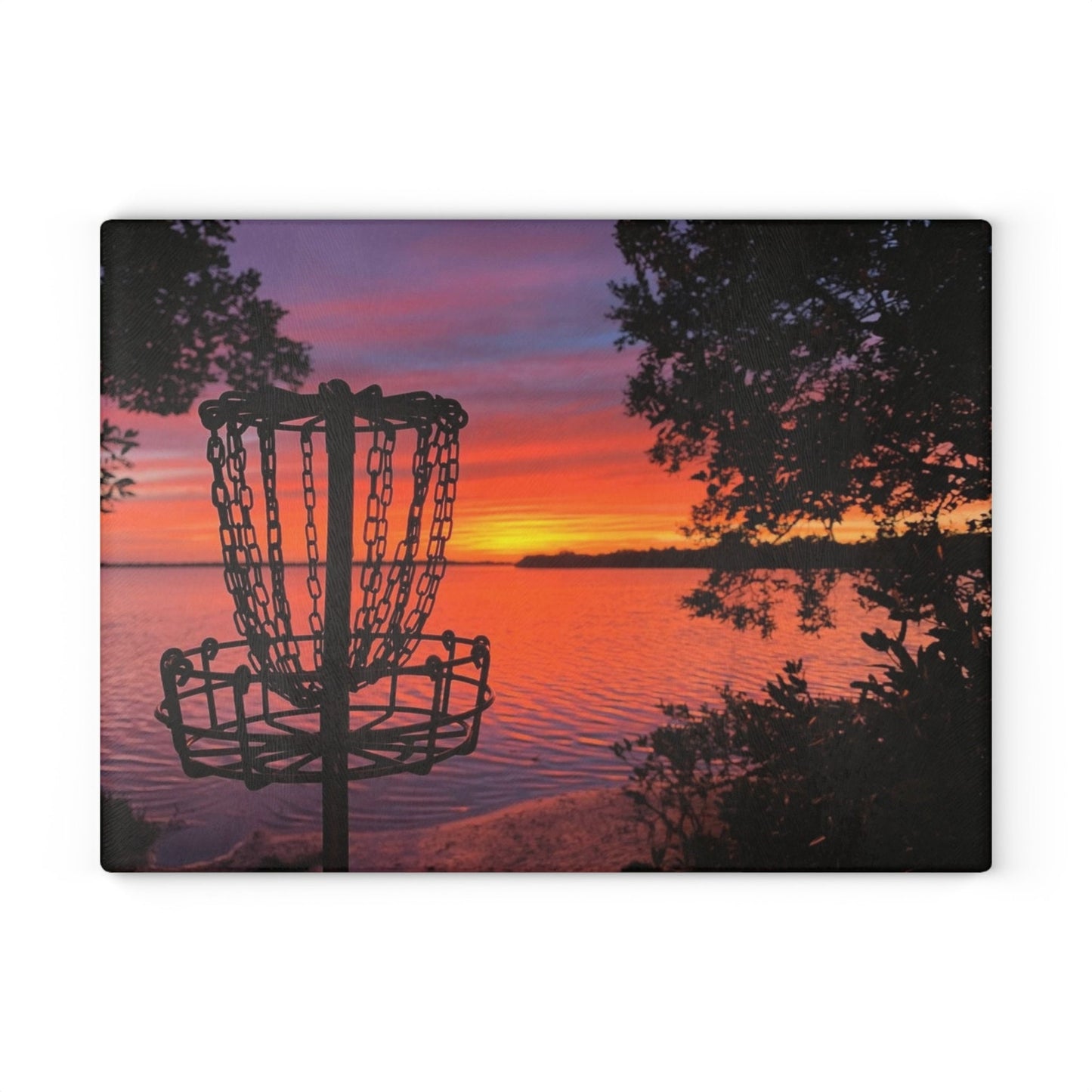 Disc Golf Lake Sunset Glass Cutting Board Discgolf Discgolfer Gift