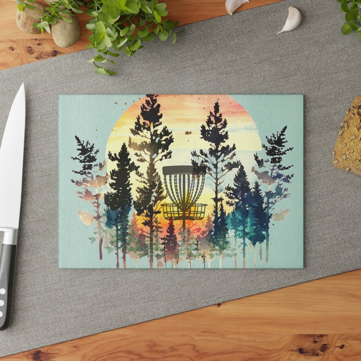 Disc Golf Forest Sunset Glass Cutting Board Discgolf Discgolfer Gift