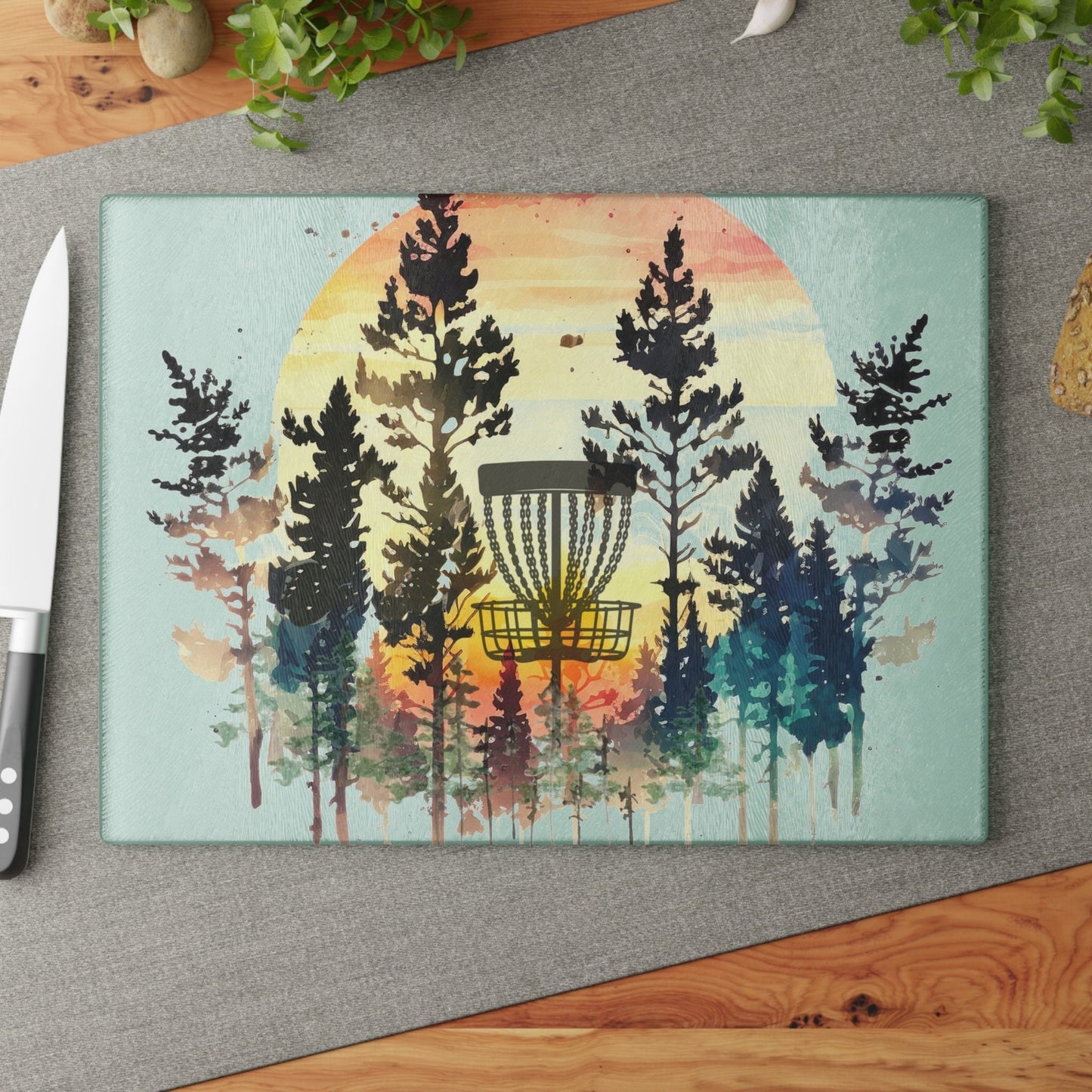 Disc Golf Forest Sunset Glass Cutting Board Discgolf Discgolfer Gift