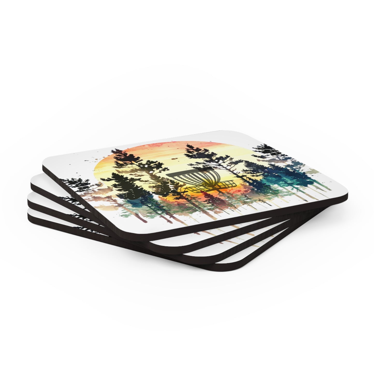 Disc Golf Basket Forest Sunset Corkwood Coaster Set