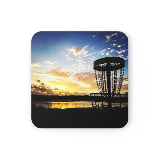 Disc Golf Basket Blue Sky Sunset Corkwood Drink Coaster Set