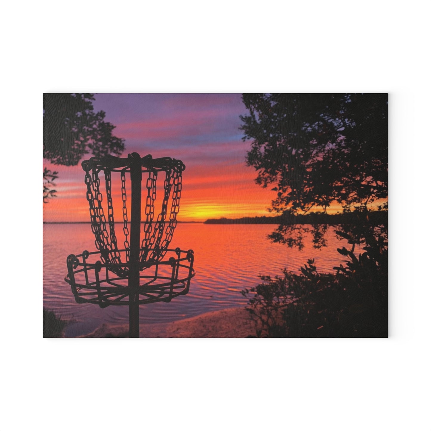 Disc Golf Lake Sunset Glass Cutting Board Discgolf Discgolfer Kitchen Cooking Gift