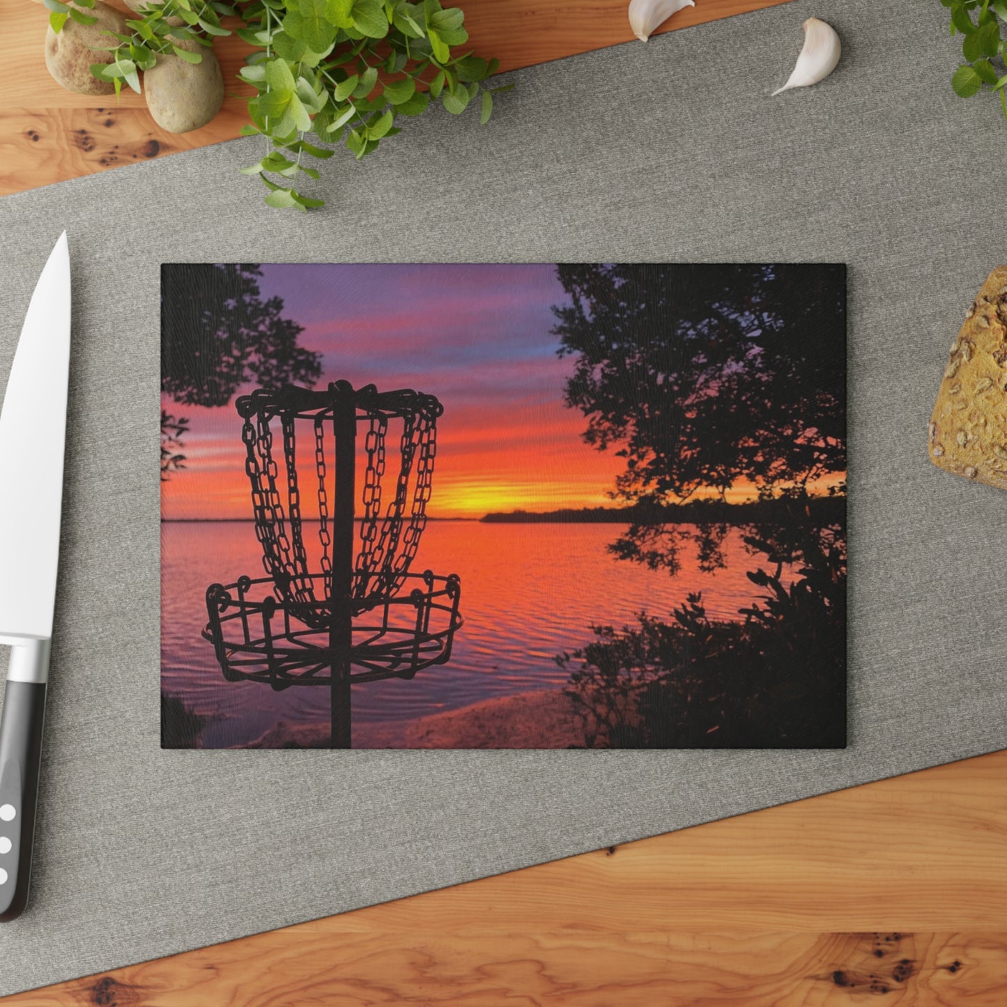 Disc Golf Lake Sunset Glass Cutting Board Discgolf Discgolfer Kitchen Cooking Gift