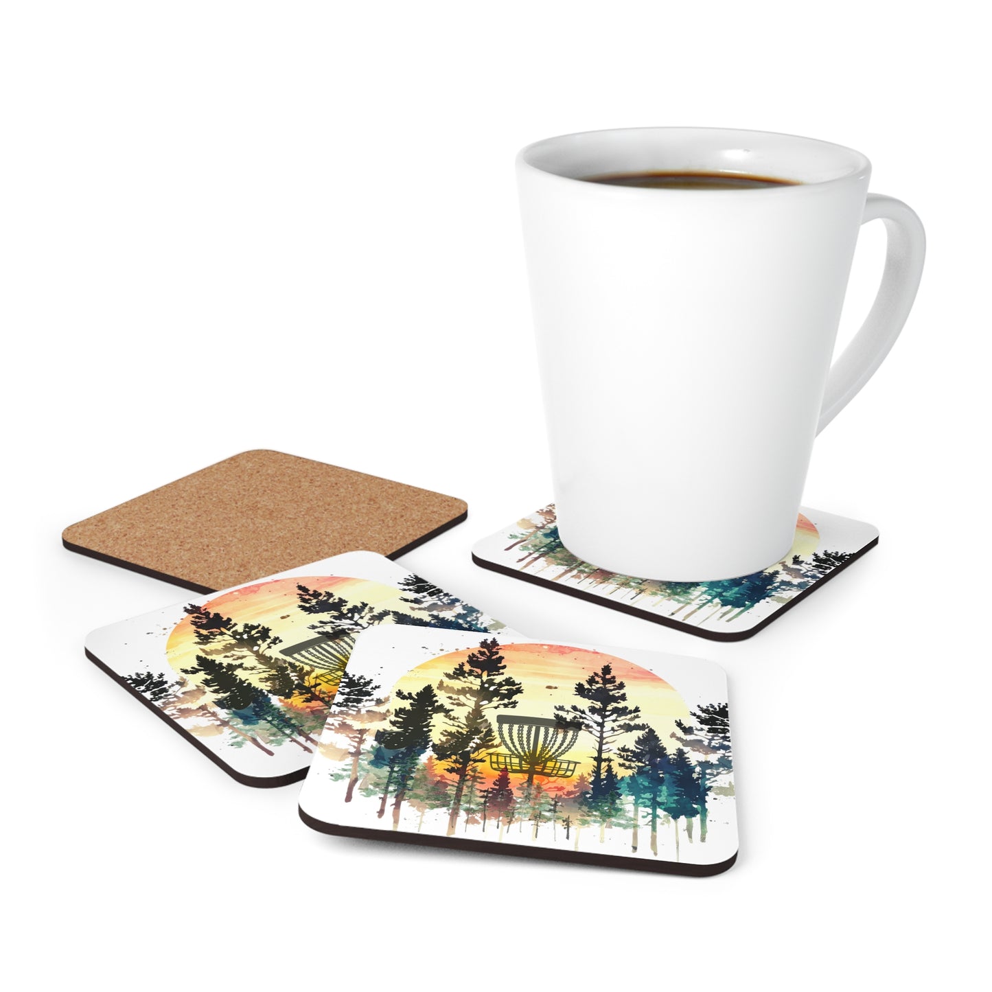 Disc Golf Basket Forest Sunset Corkwood Coaster Set