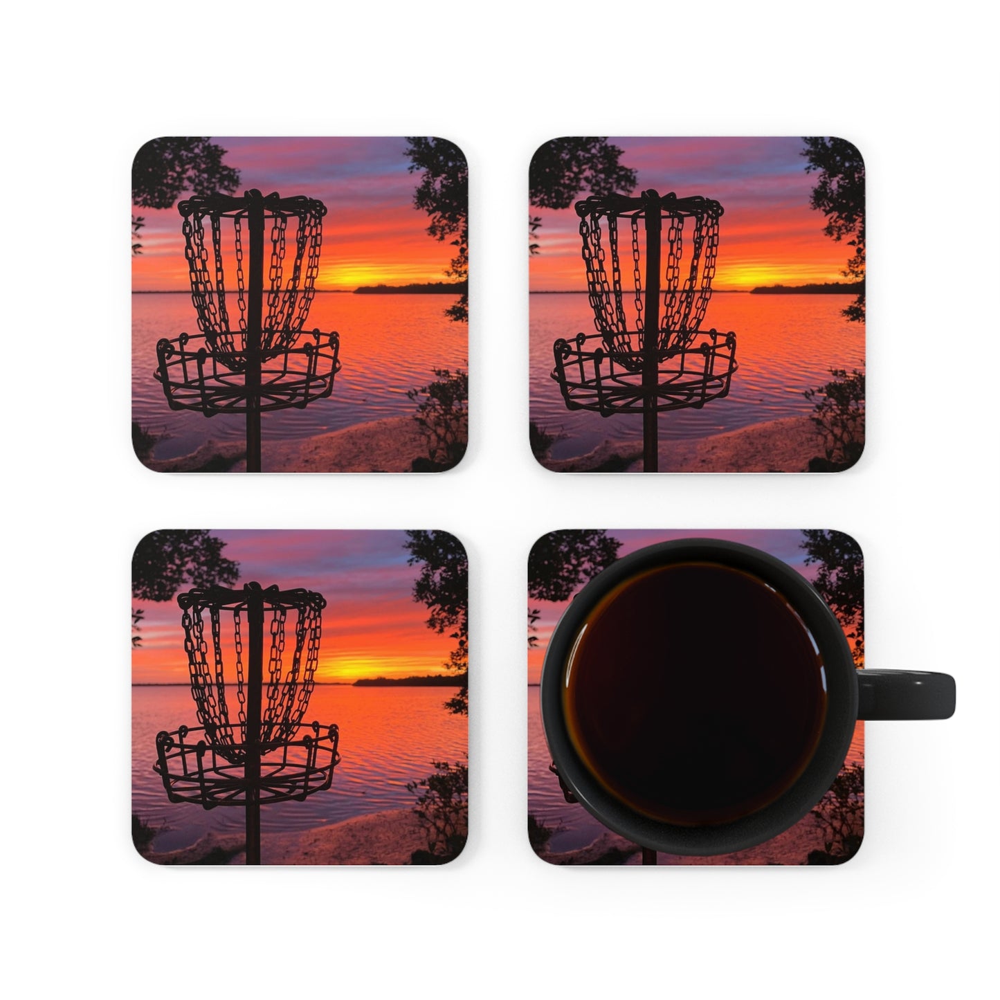 Disc Golf Orange Red Disc Golf Sunset Corkwood Drink Coaster Set