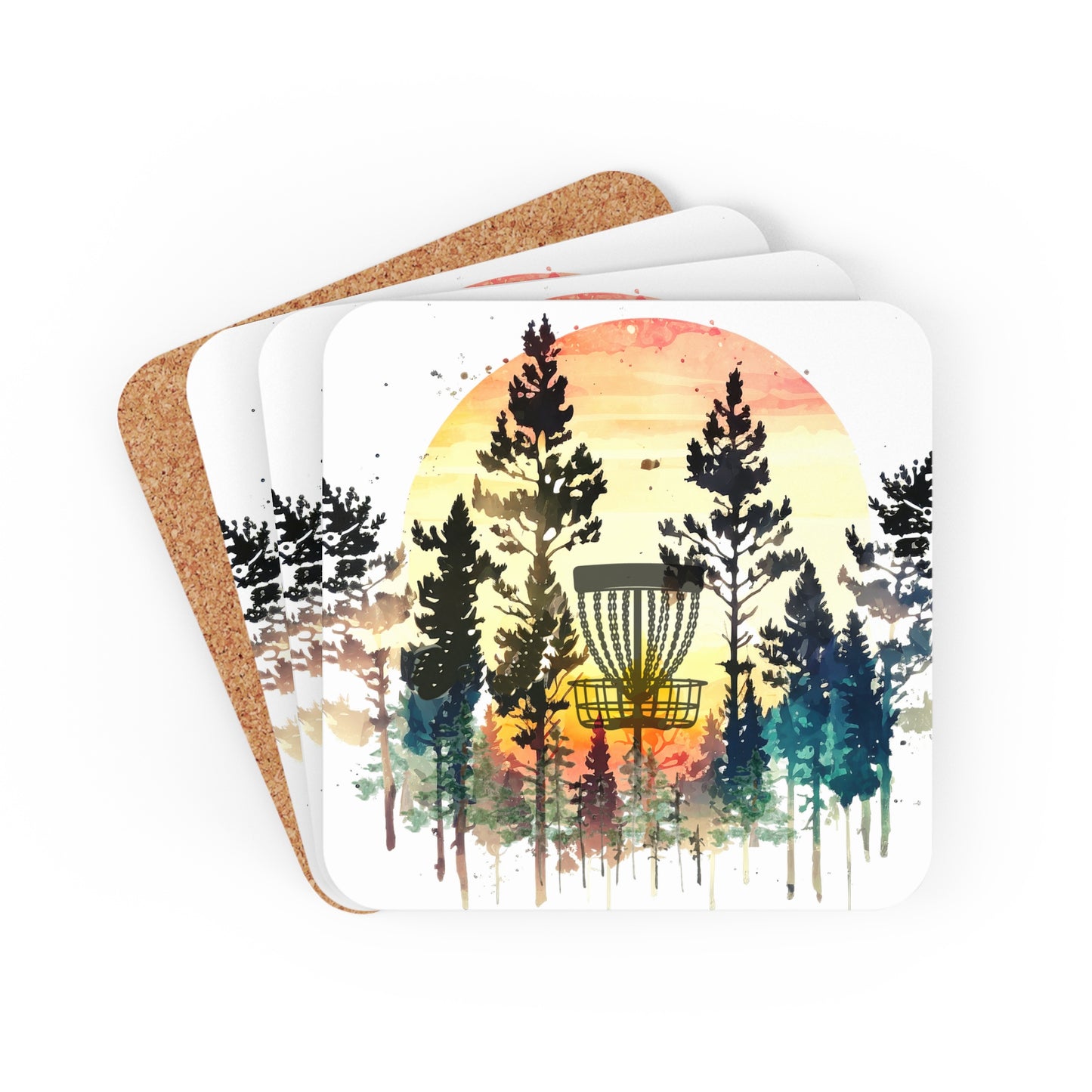 Disc Golf Basket Forest Sunset Corkwood Coaster Set