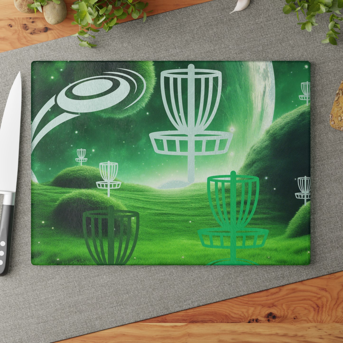 Disc Golf Green Dreams Glass Cutting Board Discgolfer Kitchen Cooking Gift