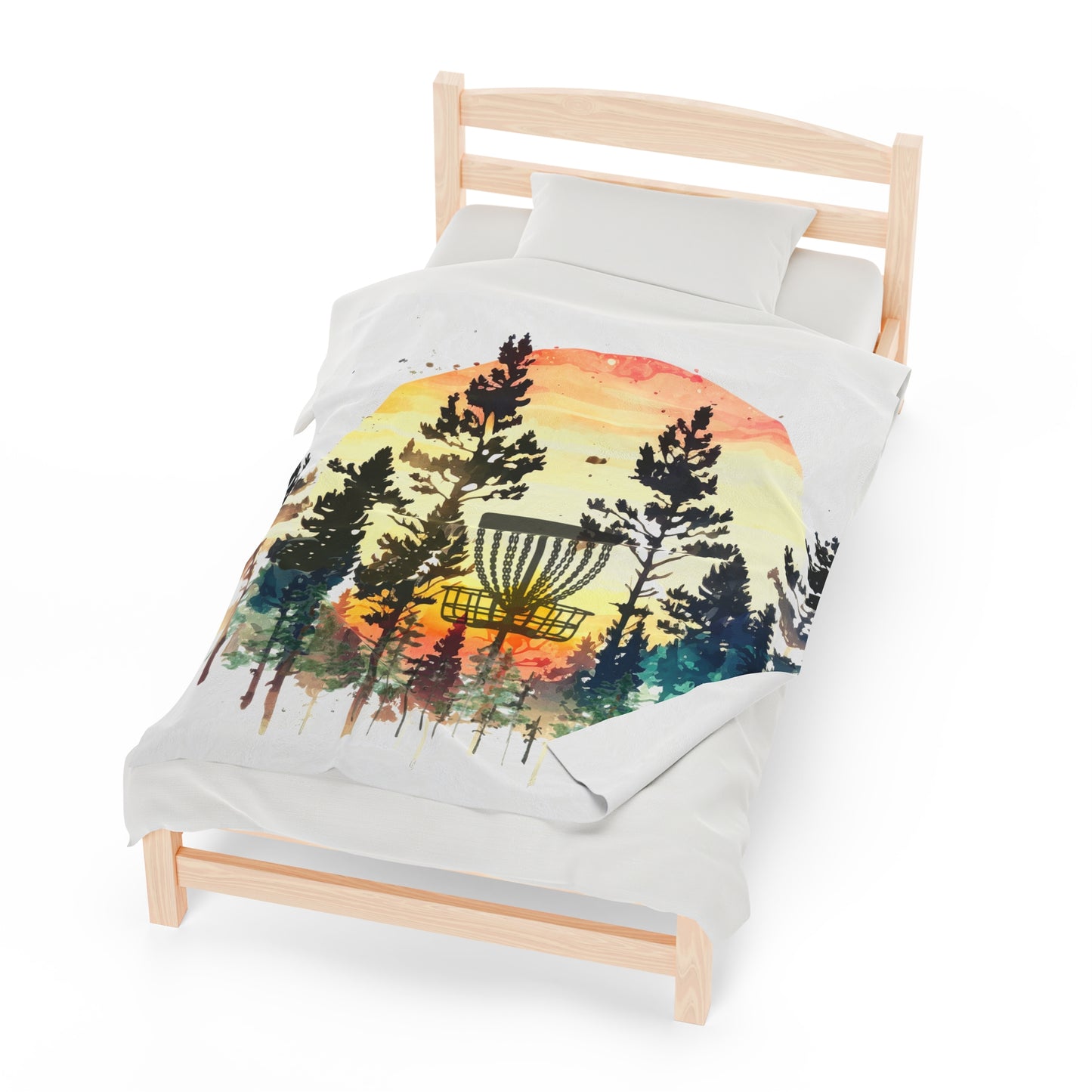 Disc Golf Basket Forest Sunset Velveteen Plush Blanket