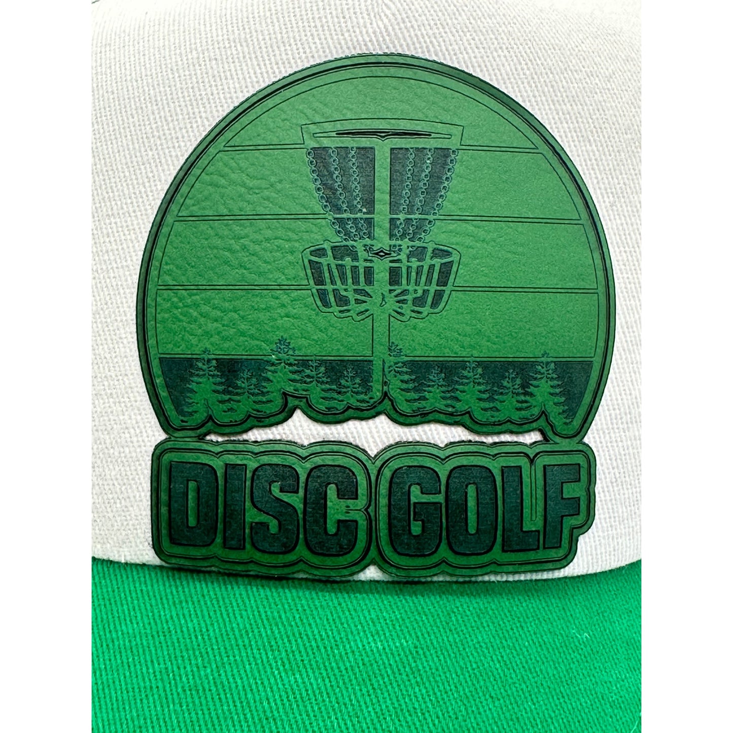 Disc Golf Leather Patch Hat Custom Trucker Hat Engraved Basket Wht/Kelly Green