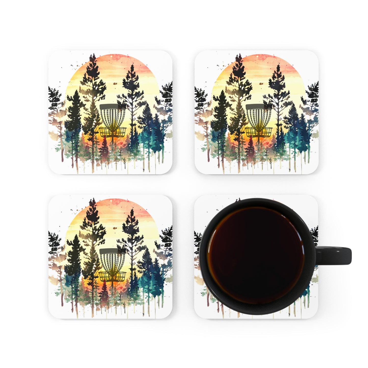 Disc Golf Basket Forest Sunset Corkwood Coaster Set