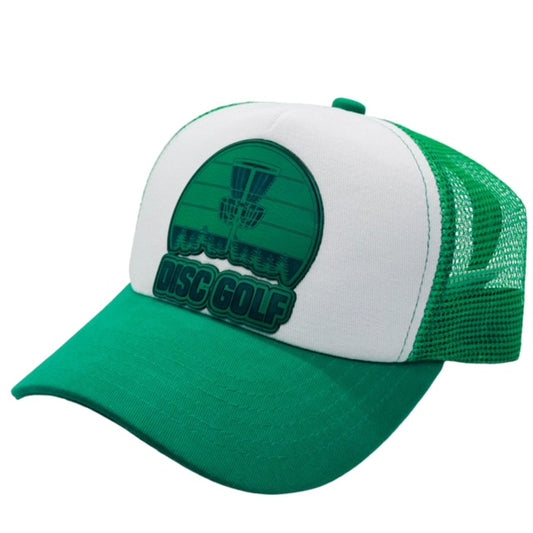 Disc Golf Leather Patch Hat Custom Trucker Hat Engraved Basket Wht/Kelly Green