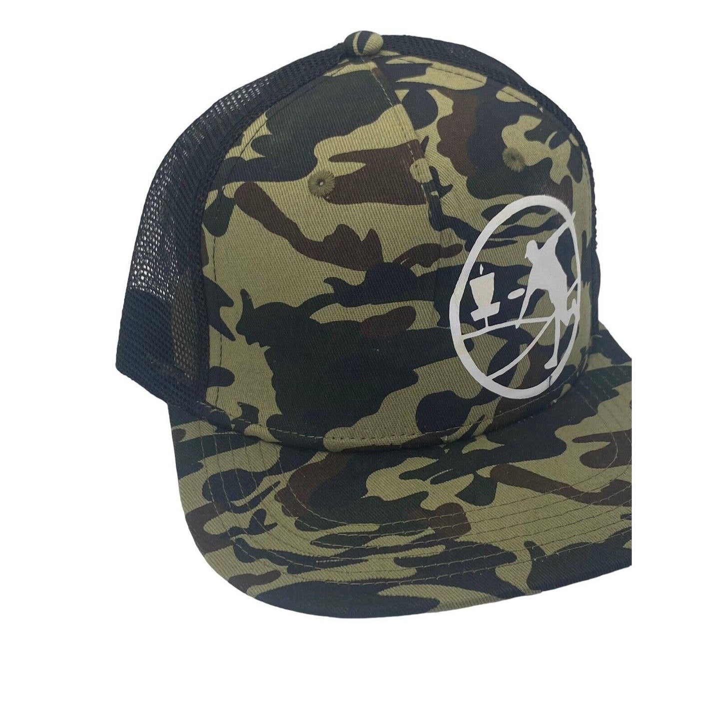 Disc Golf THROWING DISC MAN CAMO Hat Trucker Cap Snap Back DISC GOLF Vinyl Logo