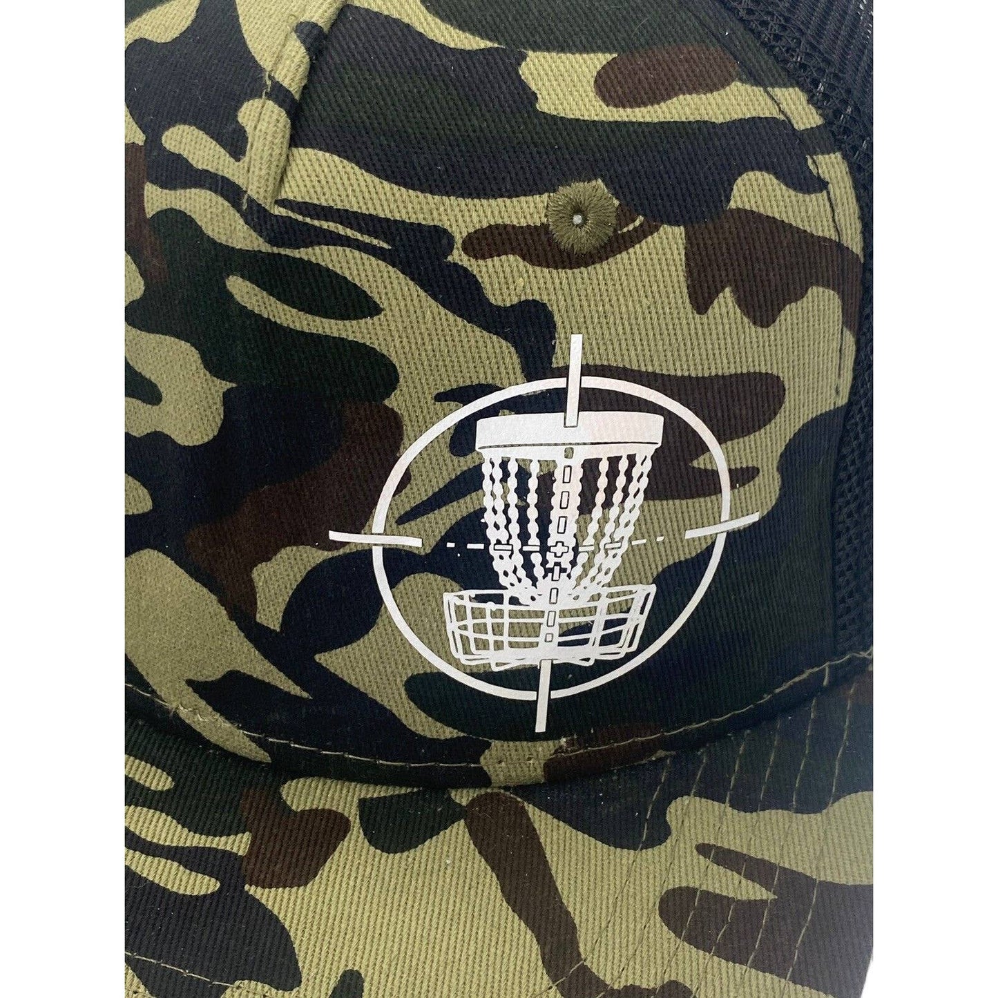 Disc Golf TARGET BASKET CAMO Hat Trucker Cap Snap Back Disc Golf Vinyl Logo