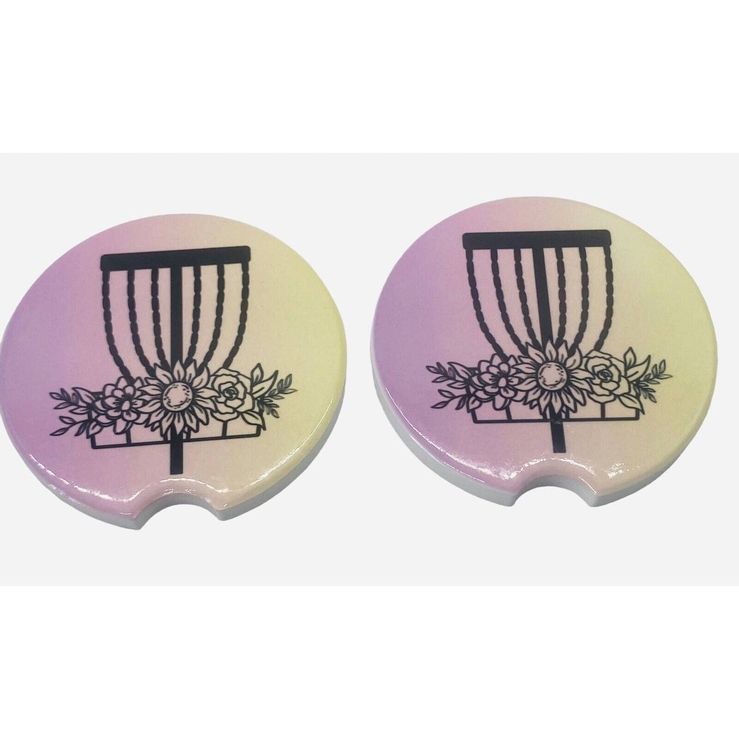 2 Pack DISC GOLF BASKET Car Drink Coasters Pink Yellow Ceramic Car Cup Holders