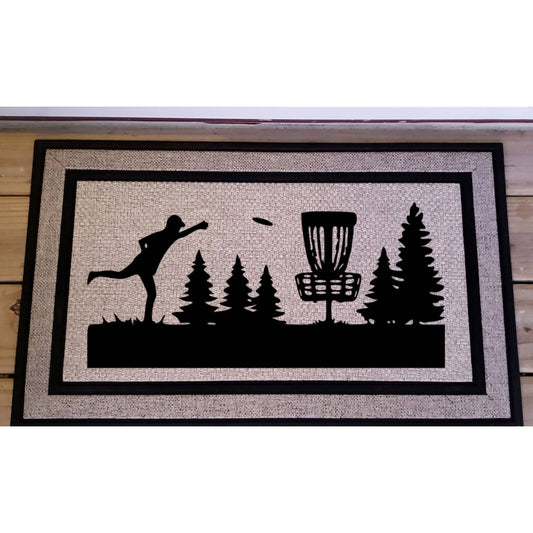 Disc Golf Basket Golfer Tree Scene Logo Door Mat