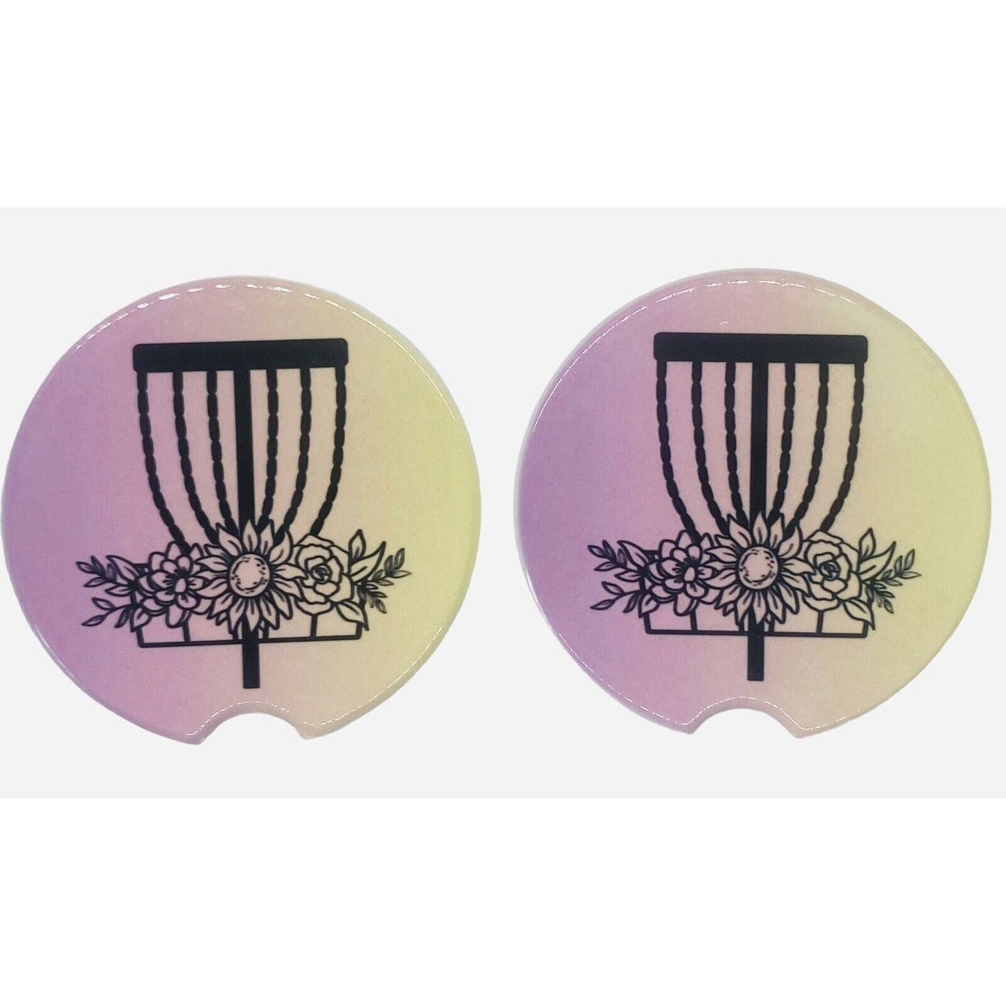 2 Pack DISC GOLF BASKET Car Drink Coasters Pink Yellow Ceramic Car Cup Holders