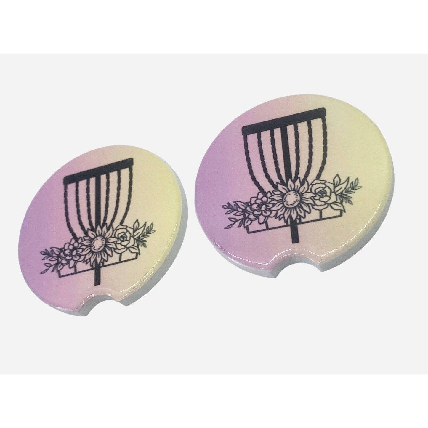 2 Pack DISC GOLF BASKET Car Drink Coasters Pink Yellow Ceramic Car Cup Holders