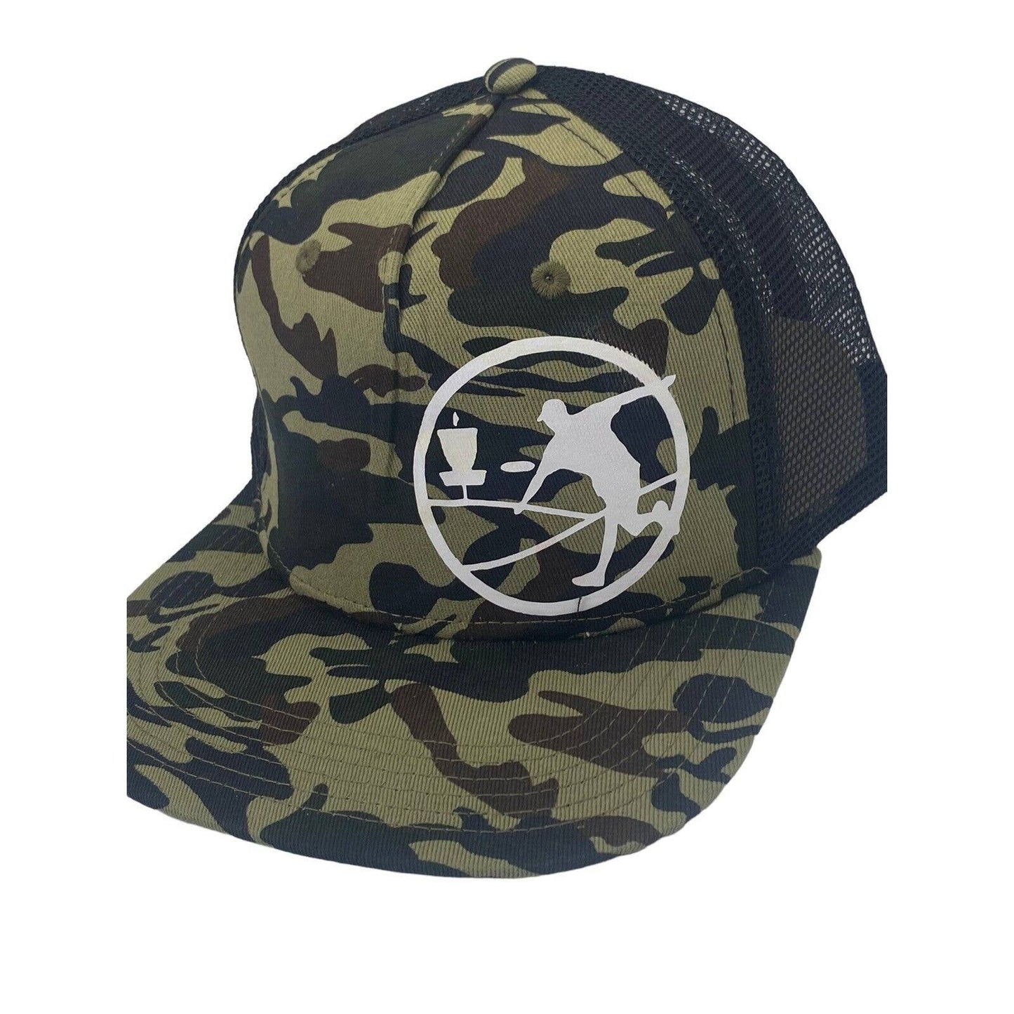 Disc Golf THROWING DISC MAN CAMO Hat Trucker Cap Snap Back DISC GOLF Vinyl Logo