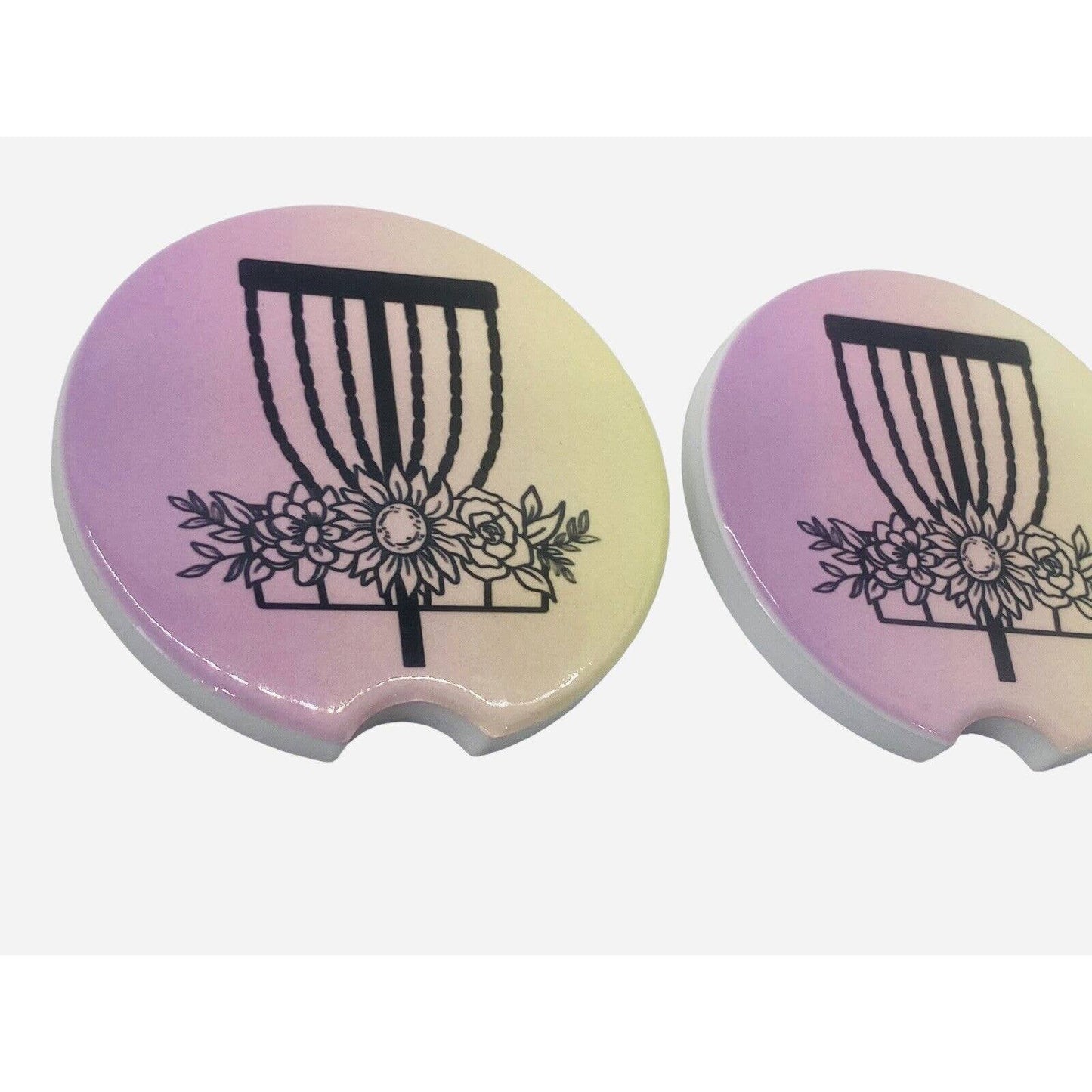 2 Pack DISC GOLF BASKET Car Drink Coasters Pink Yellow Ceramic Car Cup Holders