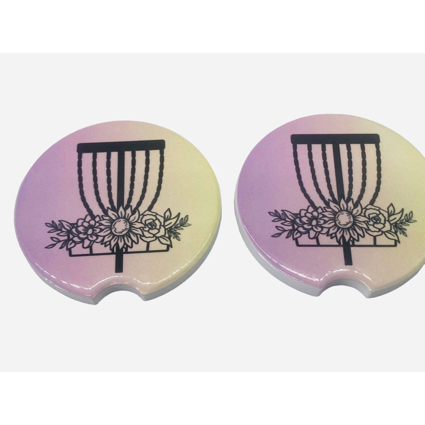 2 Pack DISC GOLF BASKET Car Drink Coasters Pink Yellow Ceramic Car Cup Holders