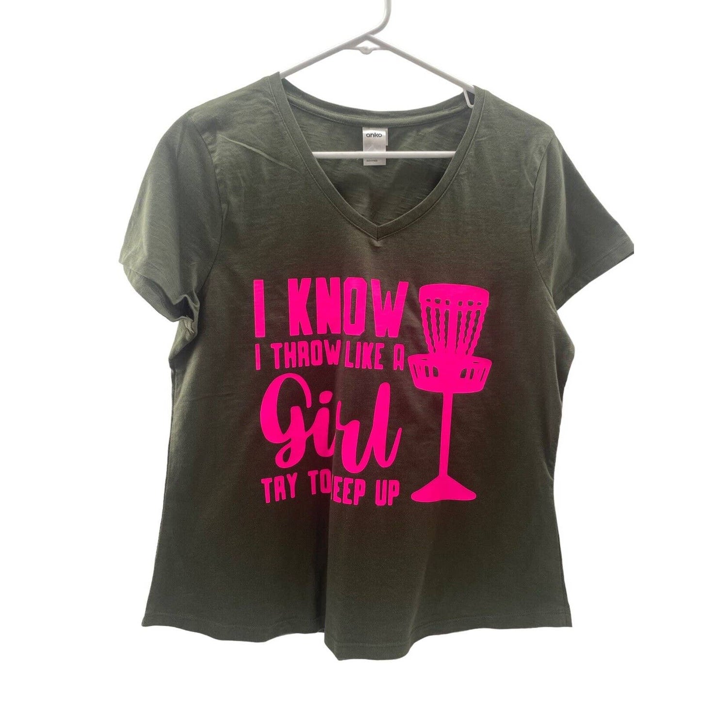 Disc Golf WOMENS V-Neck Shirt Throw Like A Girl Olive Size 12