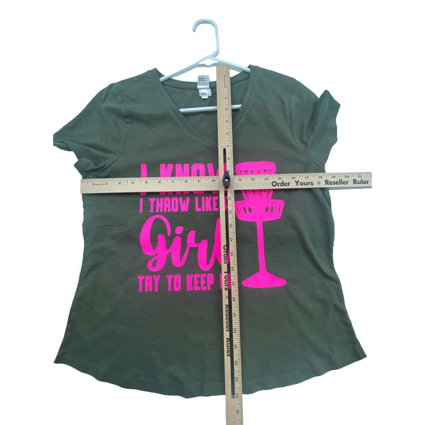 Disc Golf WOMENS V-Neck Shirt Throw Like A Girl Olive Size 12