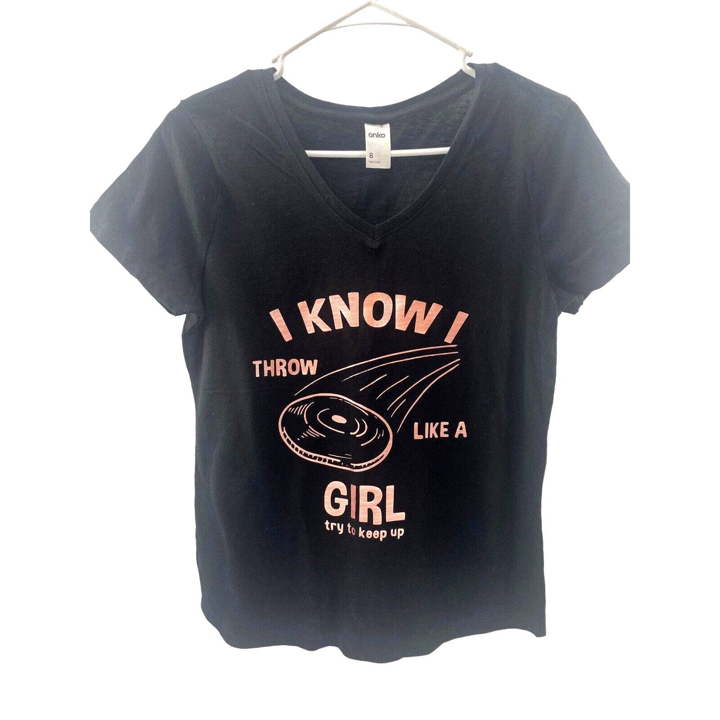 Disc Golf WOMENS V-Neck Shirt Throw Like A Girl BLACK Size 8