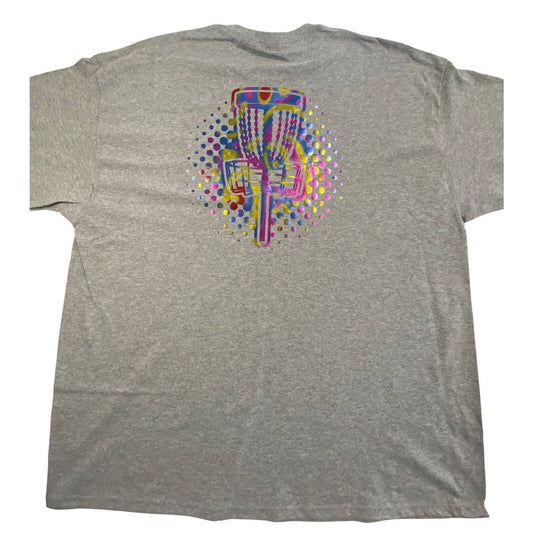 Disc Golf Shirt RAINBOW HOLOGRAPHIC BASKET Logo 2XL Graphic T-Shirt Gildan Grey