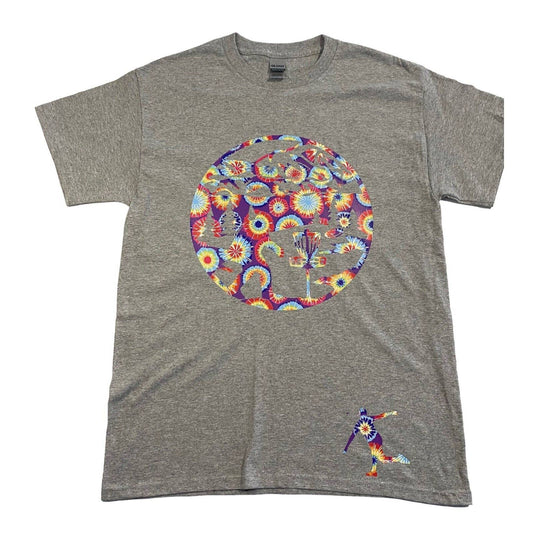 Disc Golf Shirt RAINBOW Tie Dye STARBURST Basket Logo Graphic T-Shirt M GREY