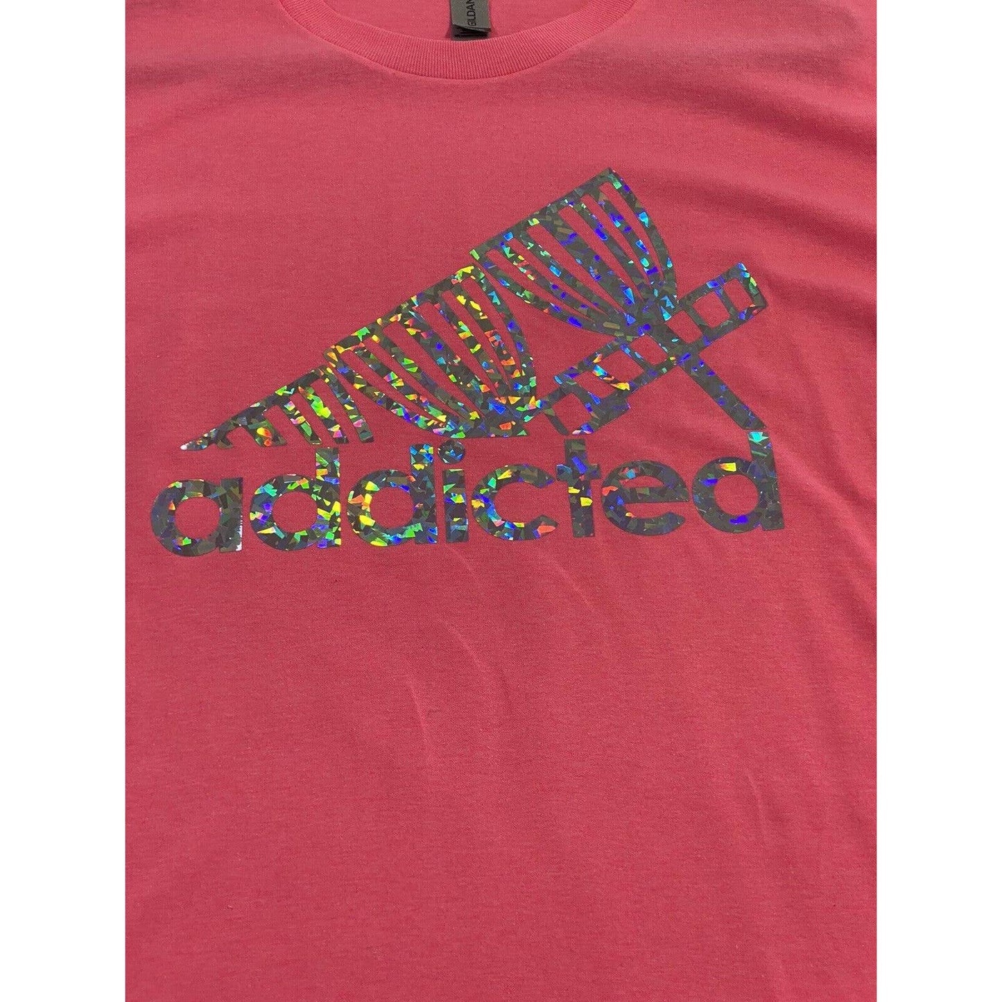 Disc Golf Shirt ADDICTED Holographic Logo L Graphic T-Shirt Gildan PINK