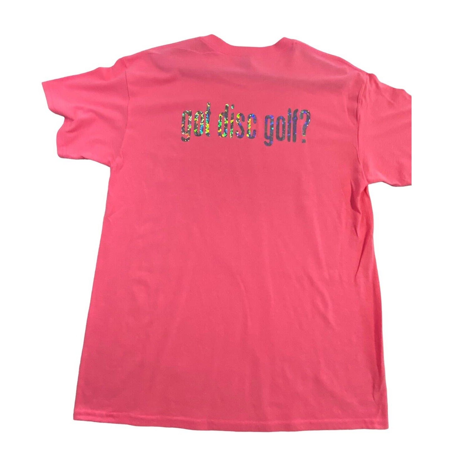 Disc Golf Shirt ADDICTED Holographic Logo L Graphic T-Shirt Gildan PINK