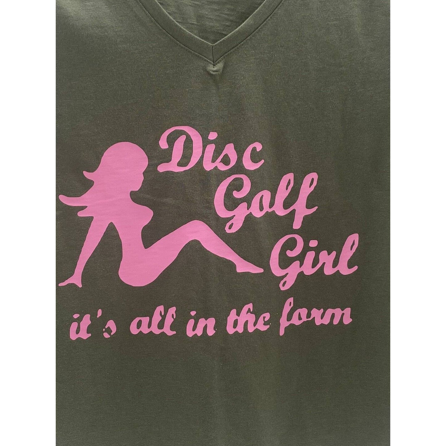 Disc Golf WOMENS V-Neck Shirt Disc Golf Girl Olive Size 10