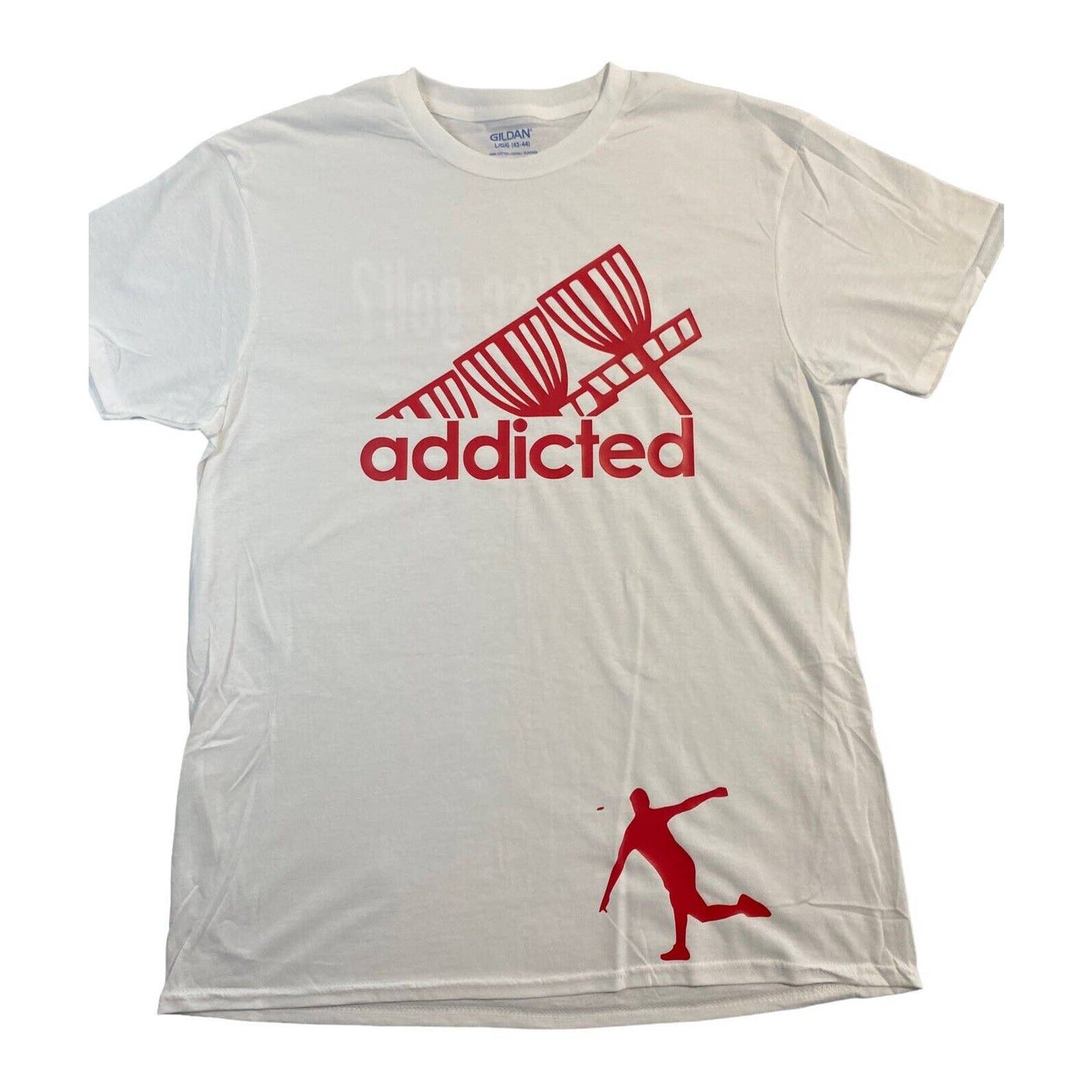 Disc Golf Shirt ADDICTED Basket Red Logo L Graphic T-Shirt Gildan White