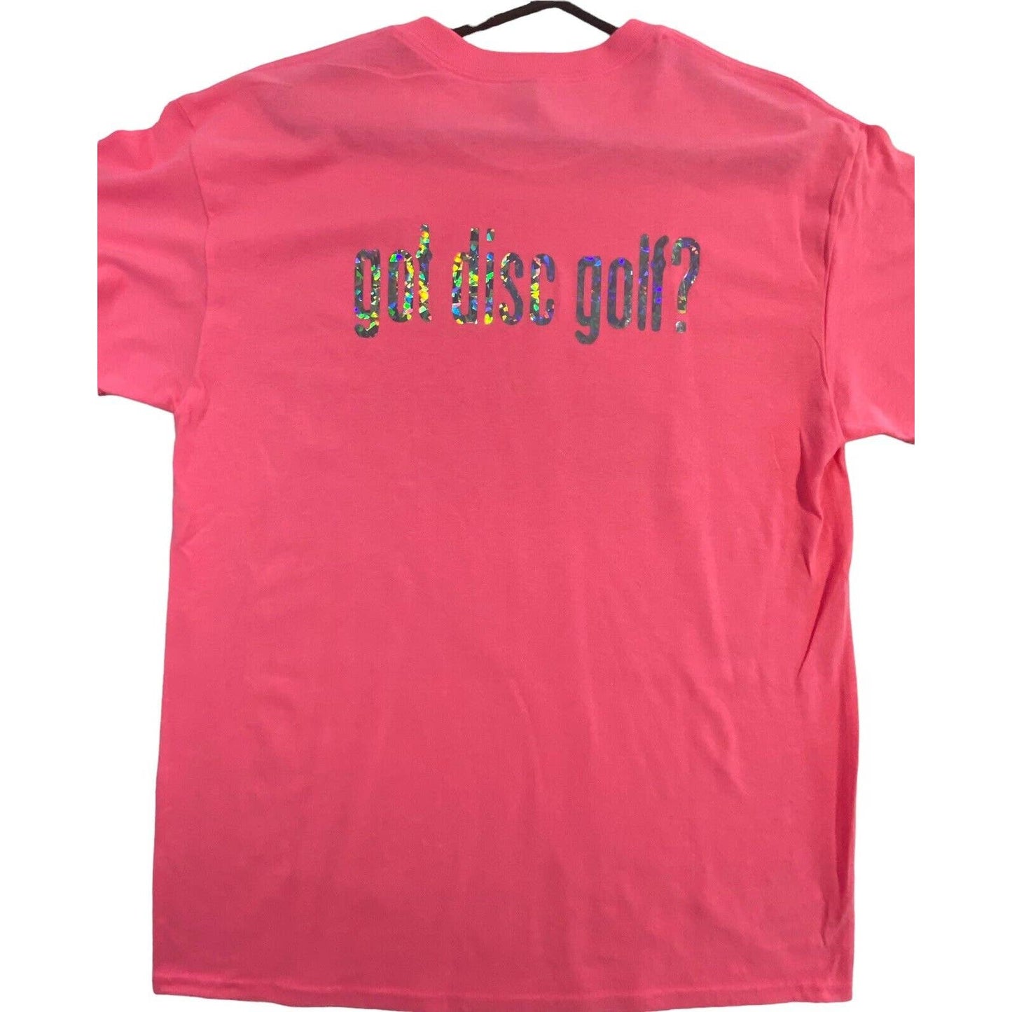 Disc Golf Shirt ADDICTED Holographic Logo L Graphic T-Shirt Gildan PINK