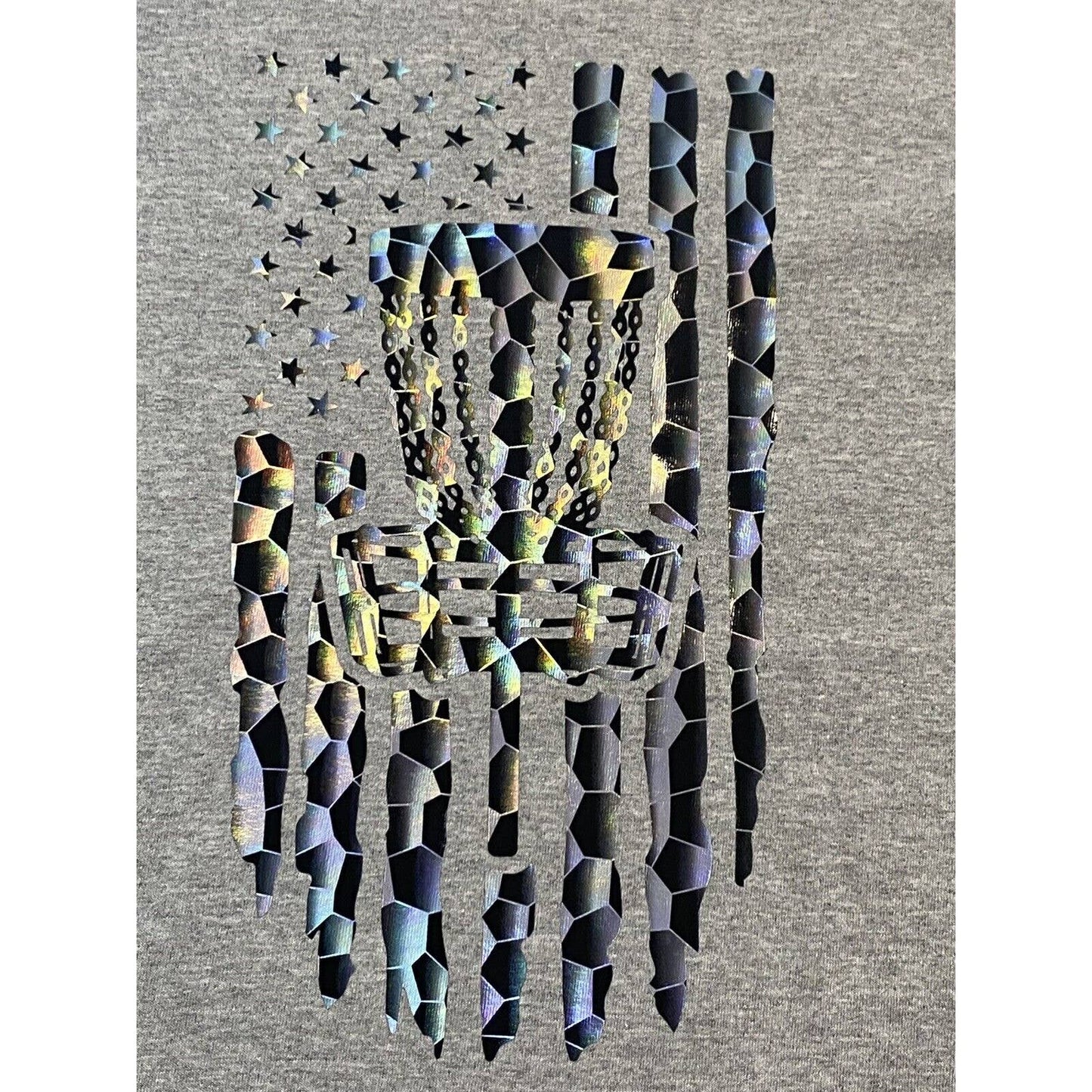 Disc Golf Shirt HOLOGRAPHIC PATRIOTIC Flag Disc Golfer L Graphic T-Shirt Grey