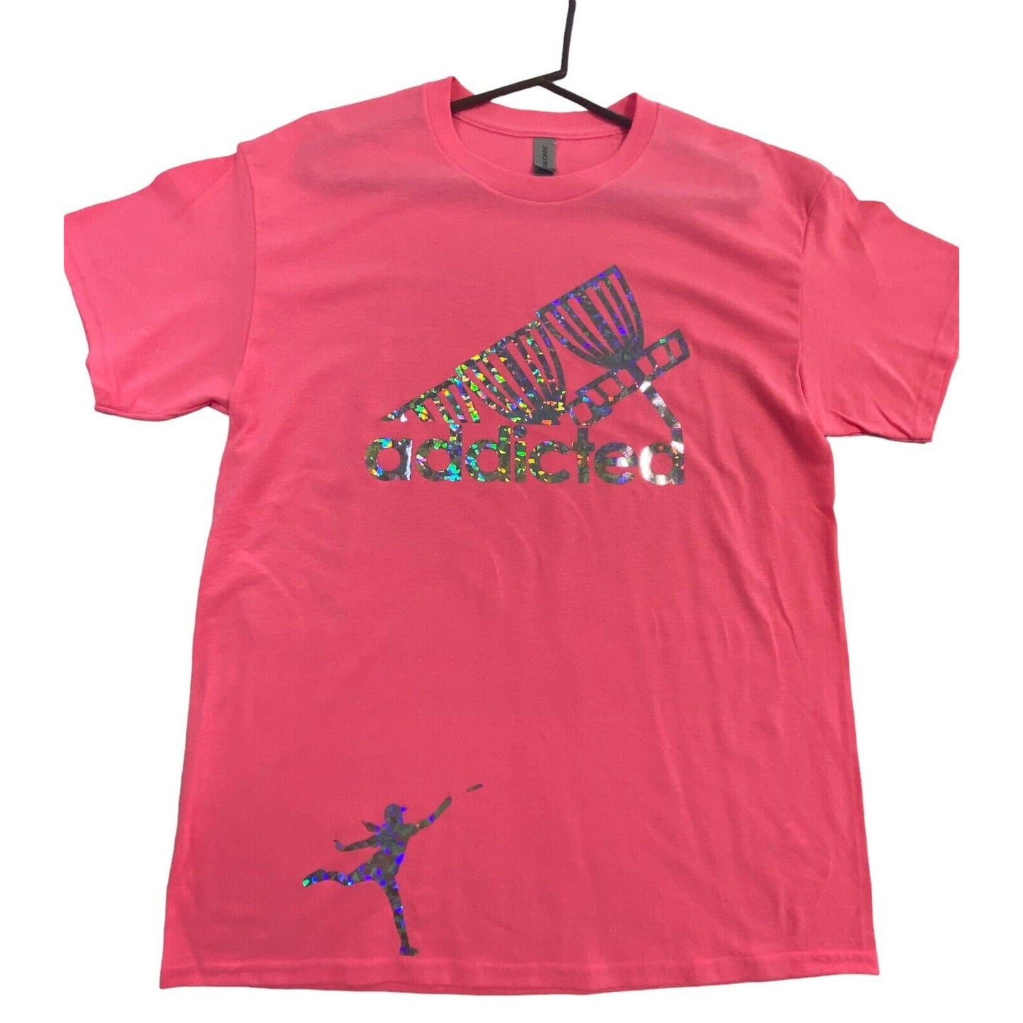 Disc Golf Shirt ADDICTED Holographic Logo L Graphic T-Shirt Gildan PINK