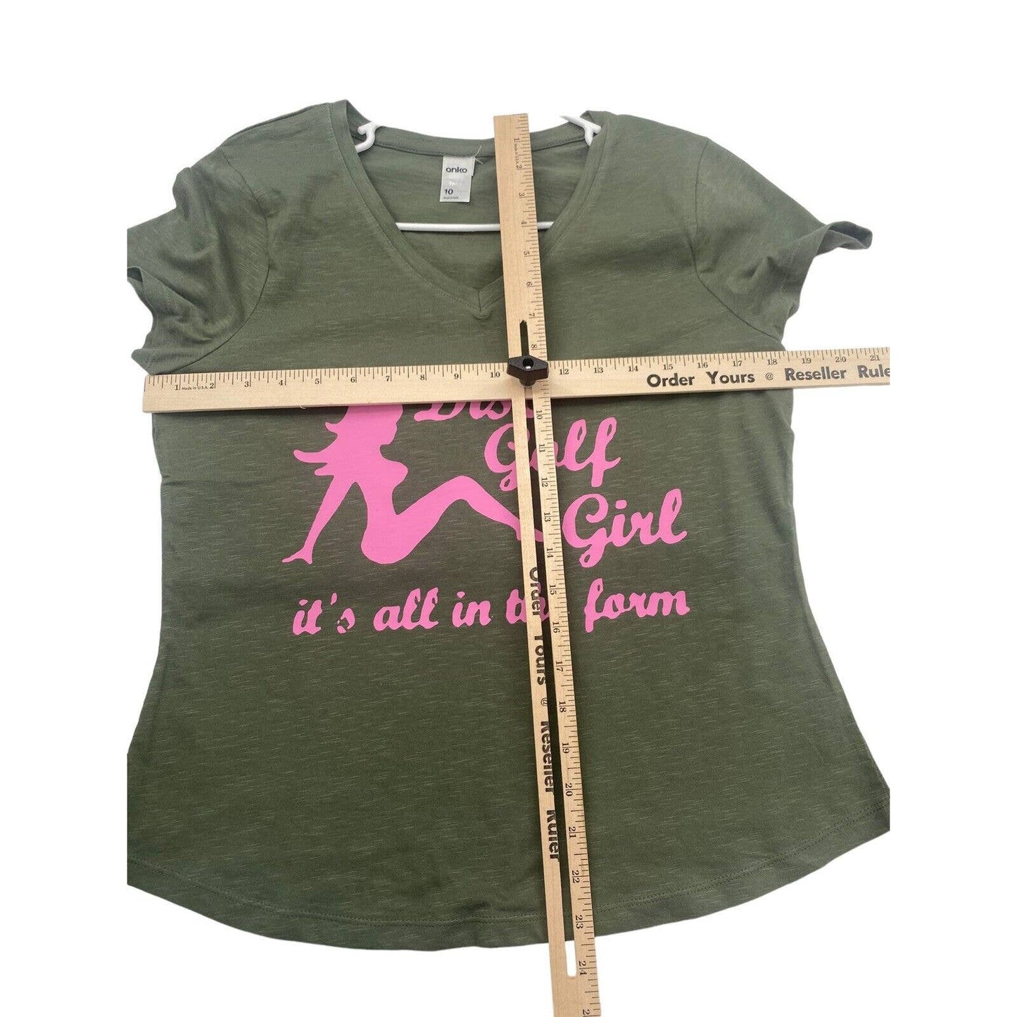 Disc Golf WOMENS V-Neck Shirt Disc Golf Girl Olive Size 10