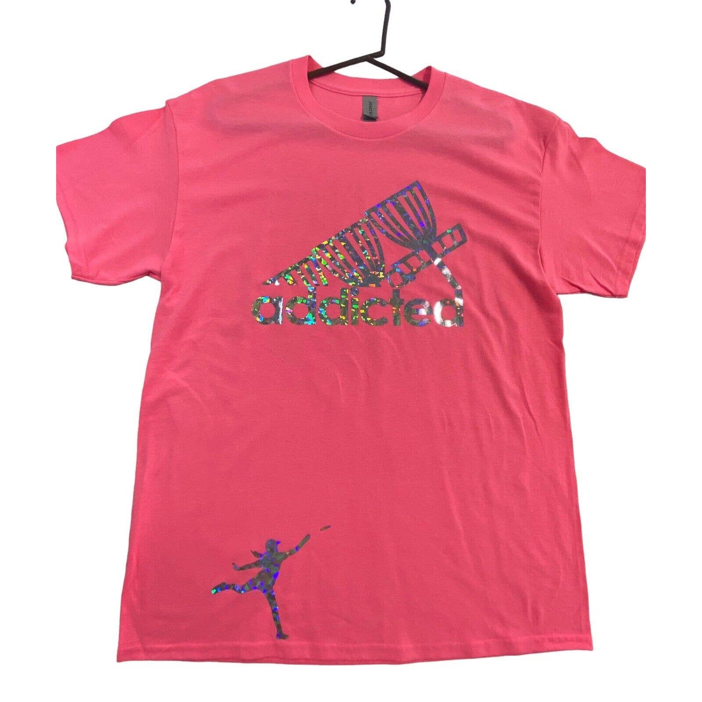 Disc Golf Shirt ADDICTED Holographic Logo L Graphic T-Shirt Gildan PINK