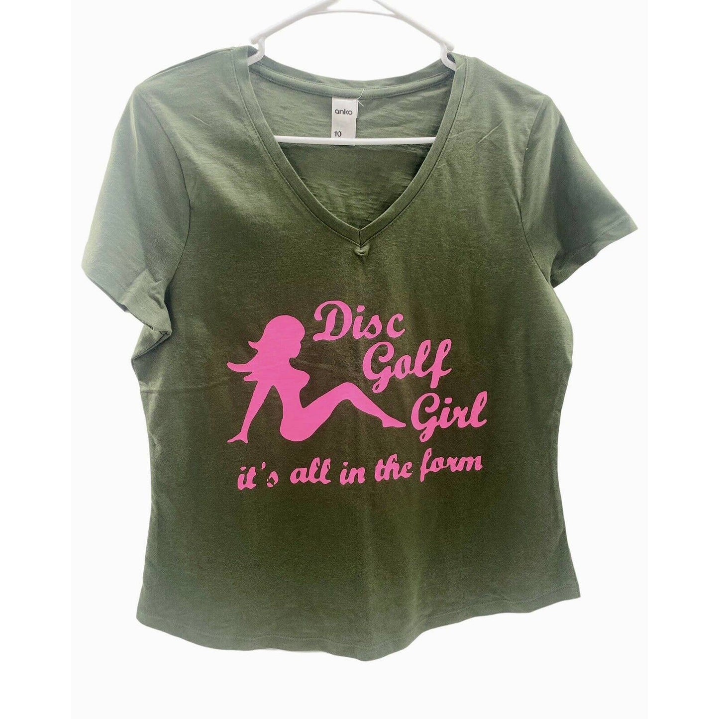 Disc Golf WOMENS V-Neck Shirt Disc Golf Girl Olive Size 10