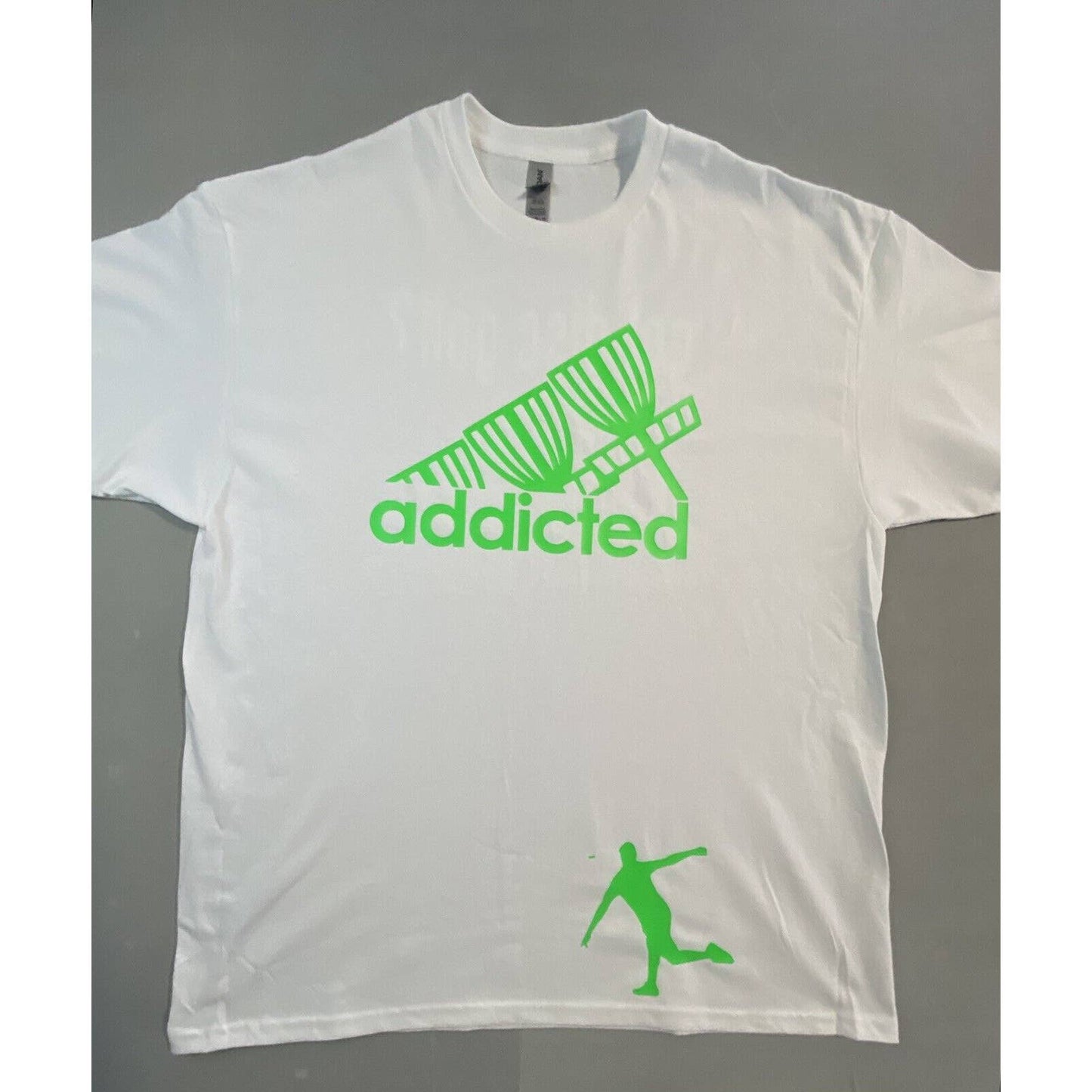 Disc Golf Shirt ADDICTED Baskets GREEN Logo XL Graphic T-Shirt Gildan White