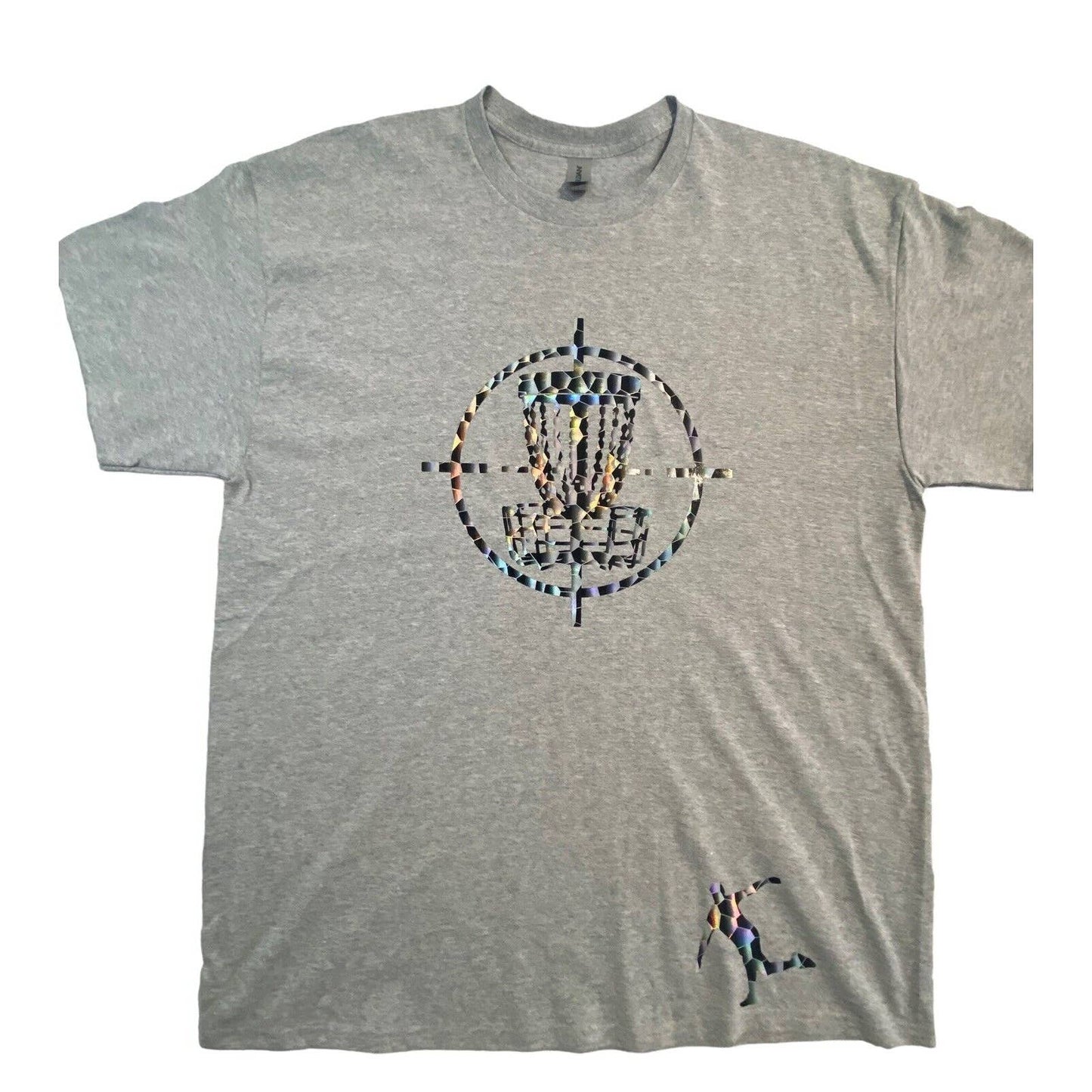 Disc Golf Shirt HOLOGRAPHIC BASKET TARGET Logo XL Graphic T-Shirt Gildan Grey