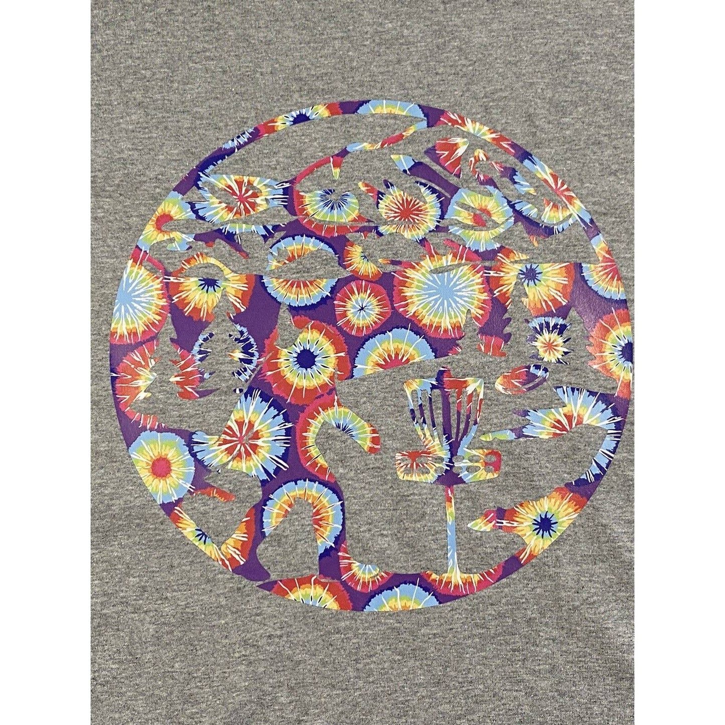 Disc Golf Shirt RAINBOW Tie Dye STARBURST Basket Logo Graphic T-Shirt M GREY