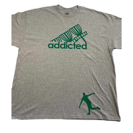 Disc Golf Shirt ADDICTED Baskets GREEN Logo 2XL Graphic T-Shirt Gildan GREY