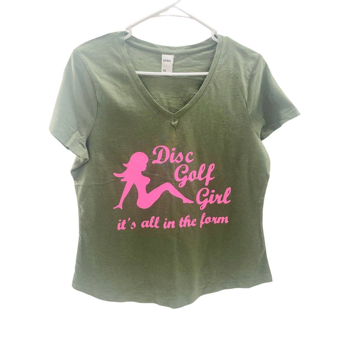 Disc Golf WOMENS V-Neck Shirt Disc Golf Girl Olive Size 10