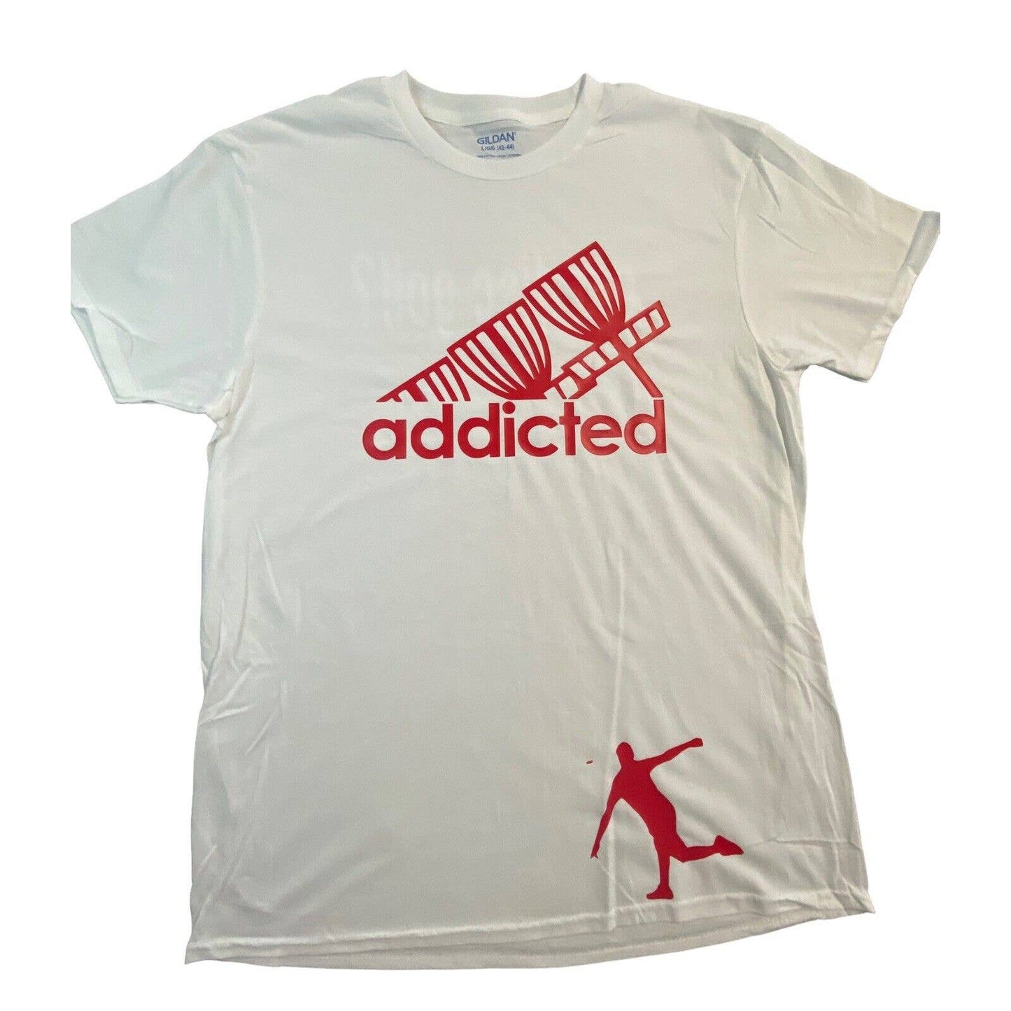 Disc Golf Shirt ADDICTED Basket Red Logo L Graphic T-Shirt Gildan White