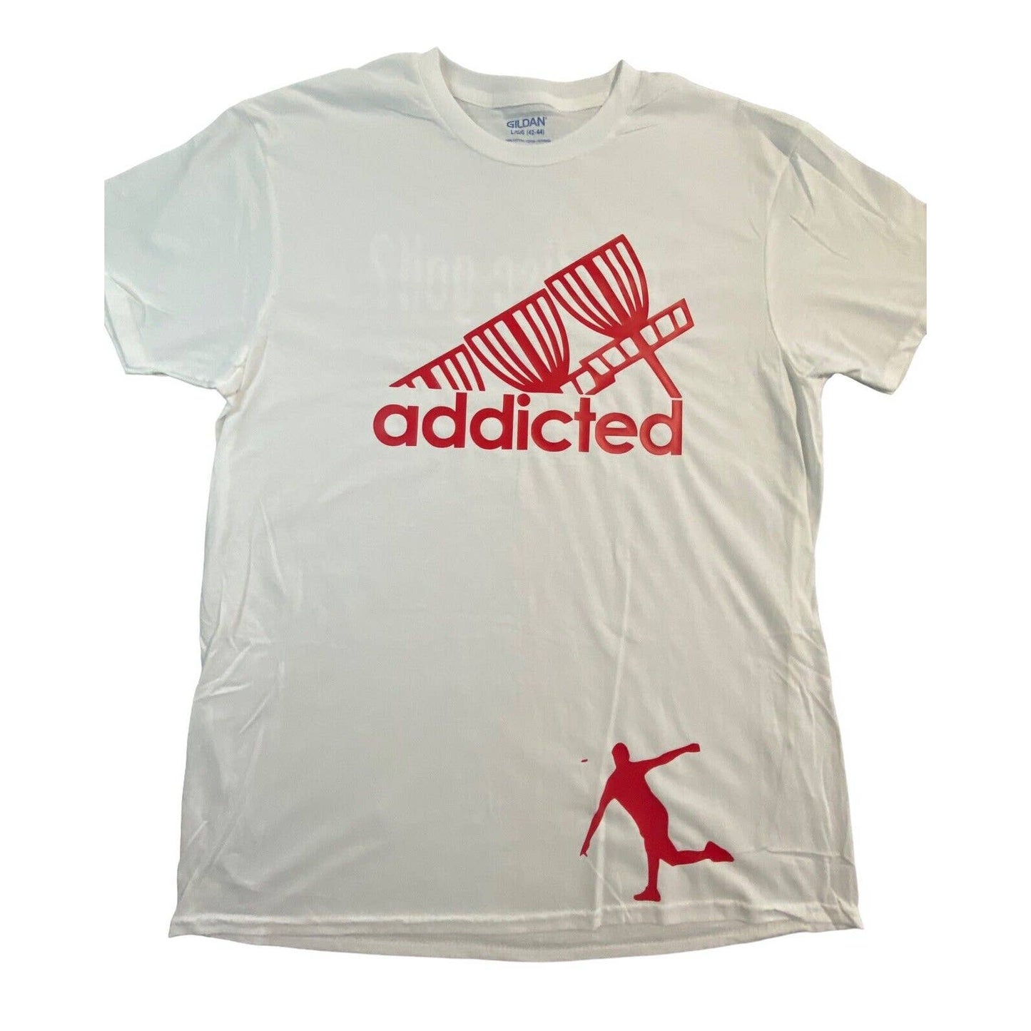 Disc Golf Shirt ADDICTED Basket Red Logo L Graphic T-Shirt Gildan White